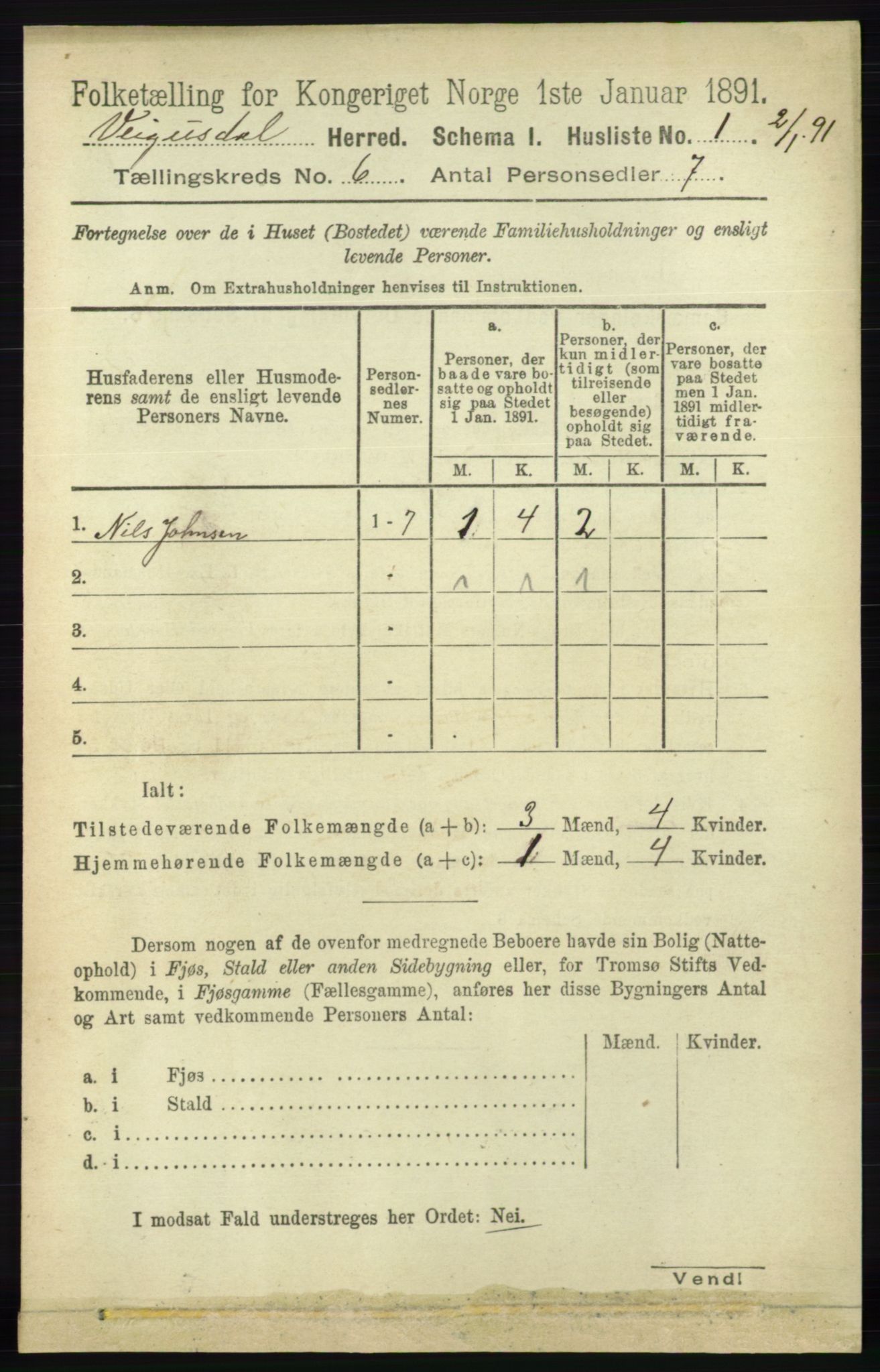 RA, Folketelling 1891 for 0934 Vegusdal herred, 1891, s. 1064