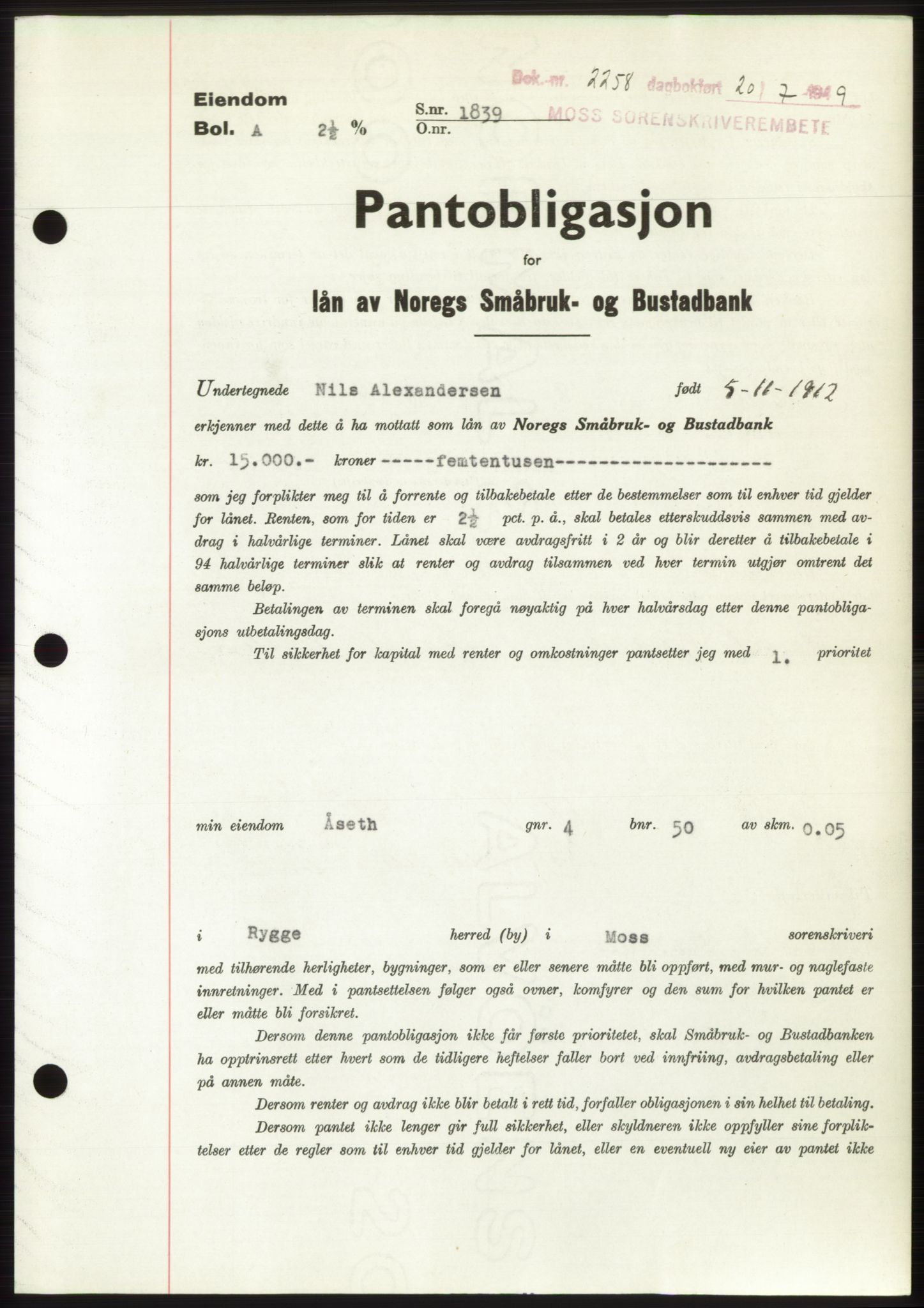 Moss sorenskriveri, SAO/A-10168: Pantebok nr. B22, 1949-1949, Dagboknr: 2258/1949
