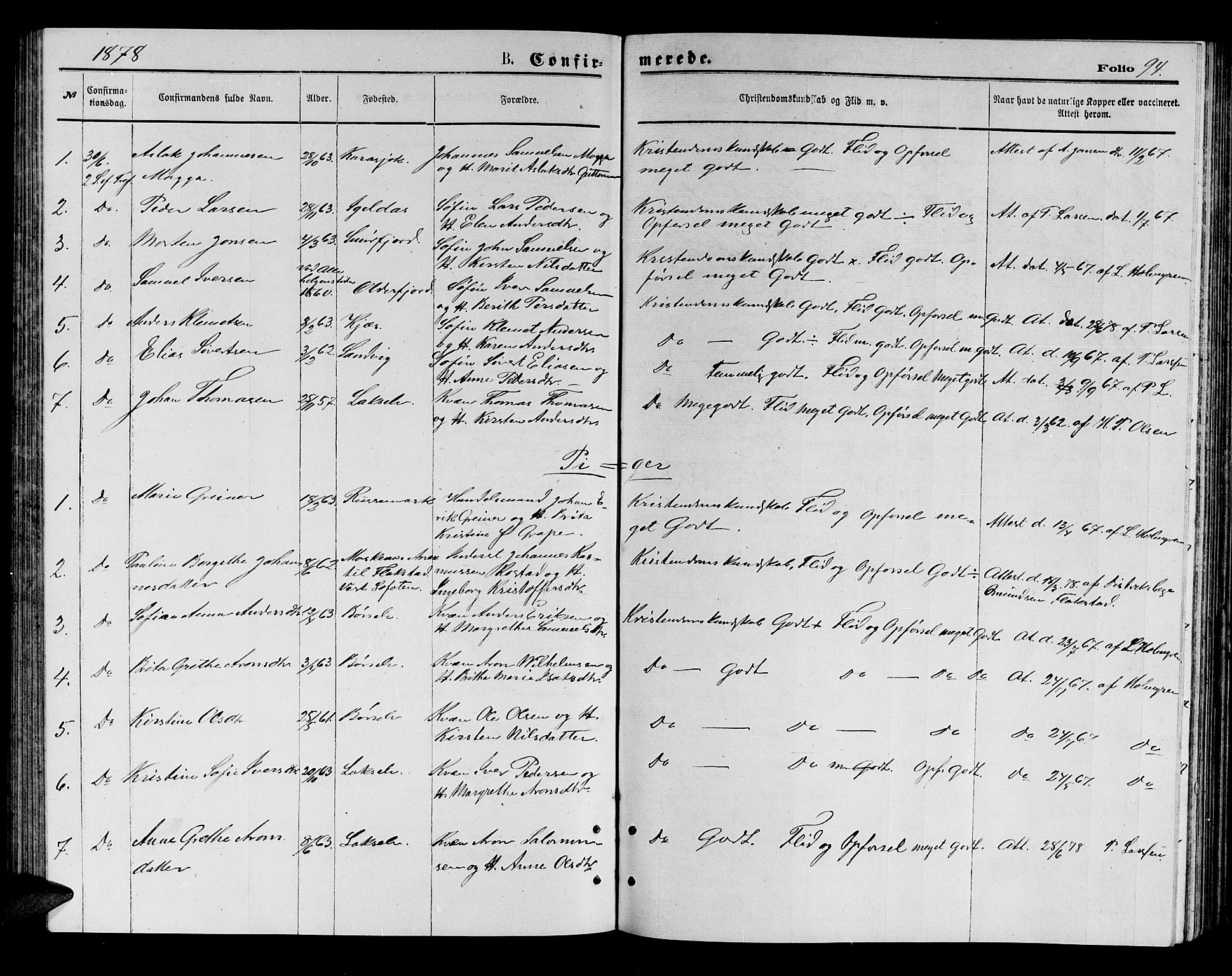 Kistrand/Porsanger sokneprestembete, AV/SATØ-S-1351/H/Hb/L0003.klokk: Klokkerbok nr. 3, 1874-1885, s. 94