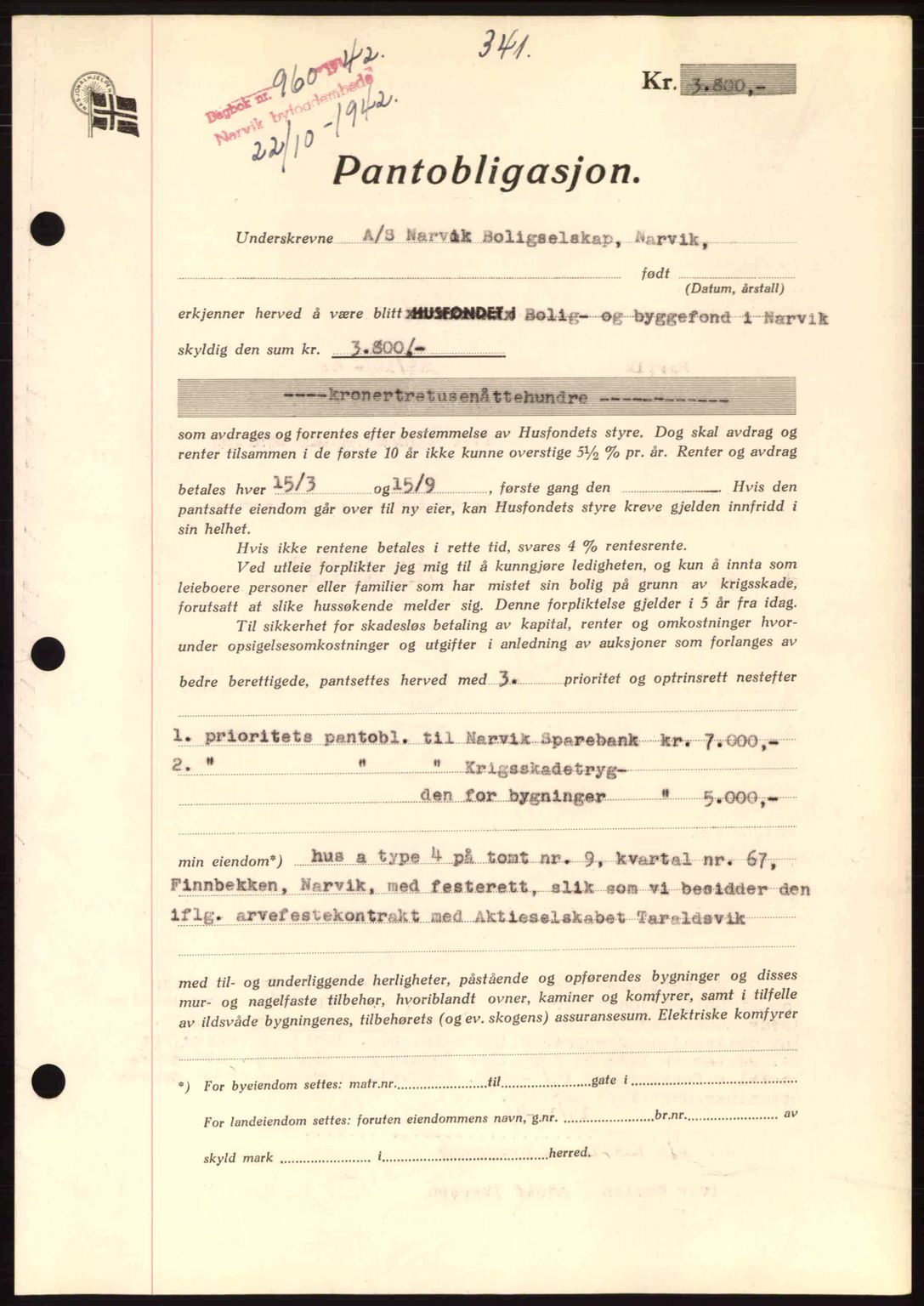 Narvik sorenskriveri, SAT/A-0002/1/2/2C/2Ca: Pantebok nr. A19, 1942-1943, Dagboknr: 960/1942