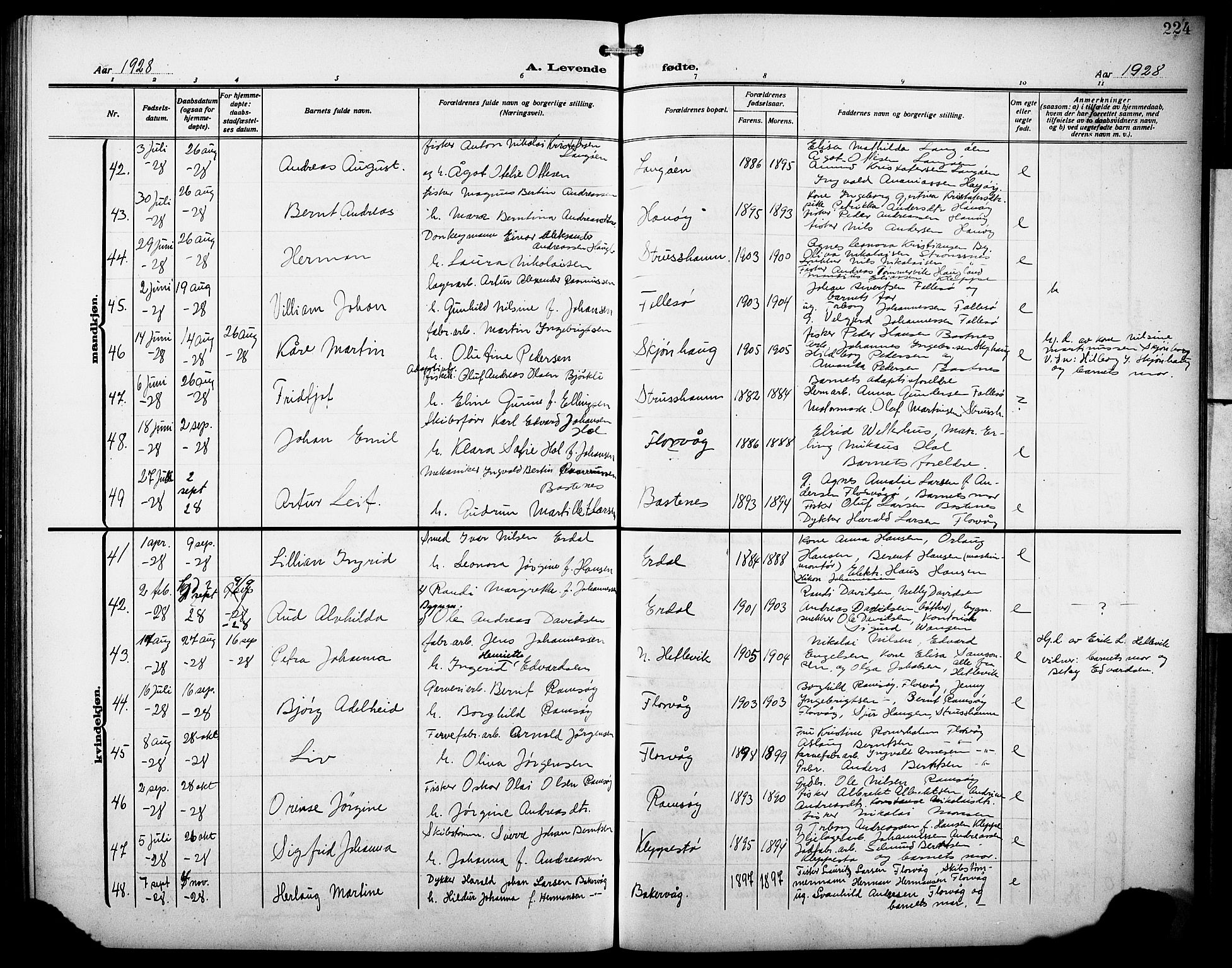 Askøy Sokneprestembete, AV/SAB-A-74101/H/Ha/Hab/Haba/L0011: Klokkerbok nr. A 11, 1908-1931, s. 224