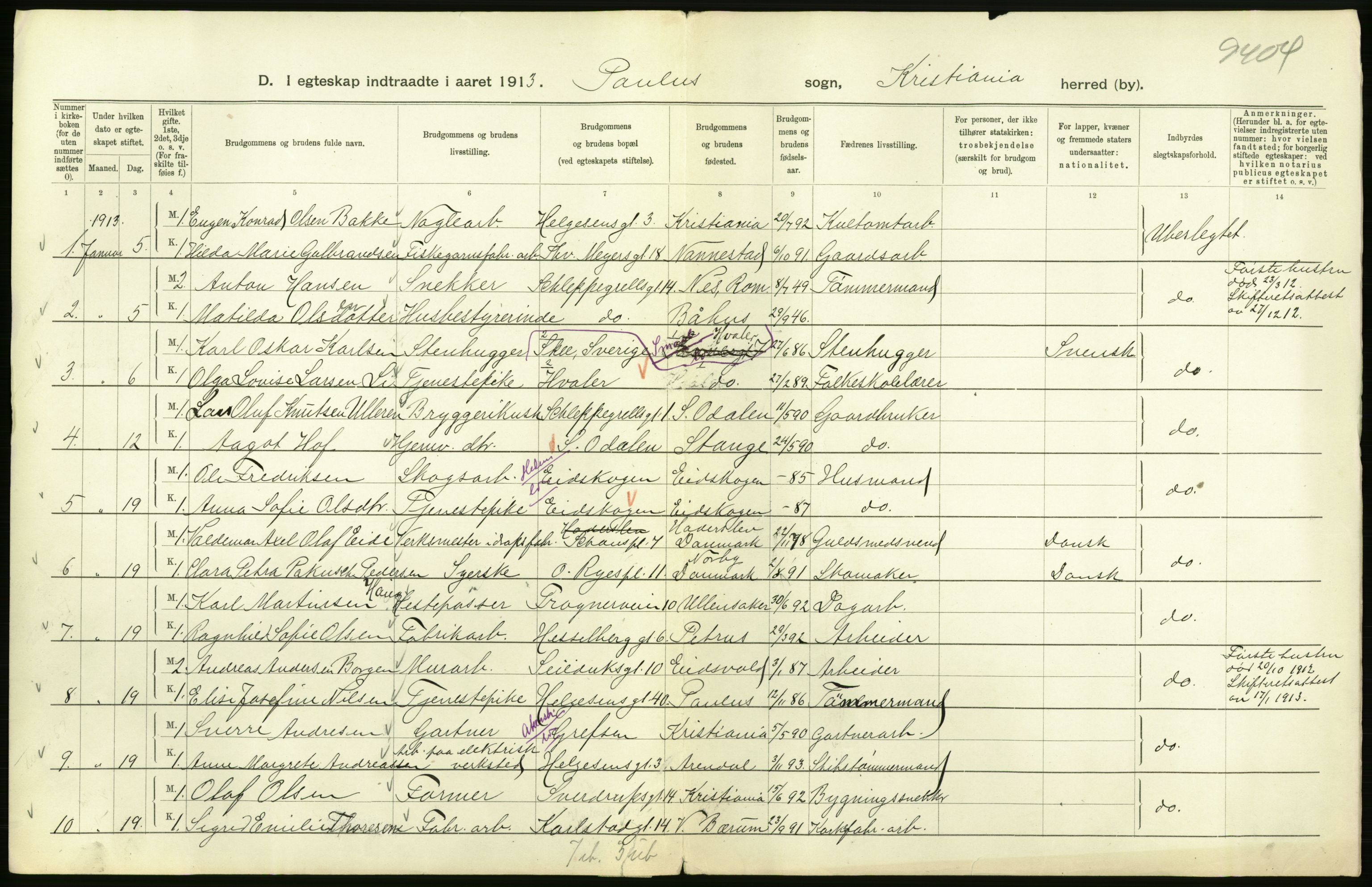 Statistisk sentralbyrå, Sosiodemografiske emner, Befolkning, AV/RA-S-2228/D/Df/Dfb/Dfbc/L0008: Kristiania: Gifte., 1913, s. 344