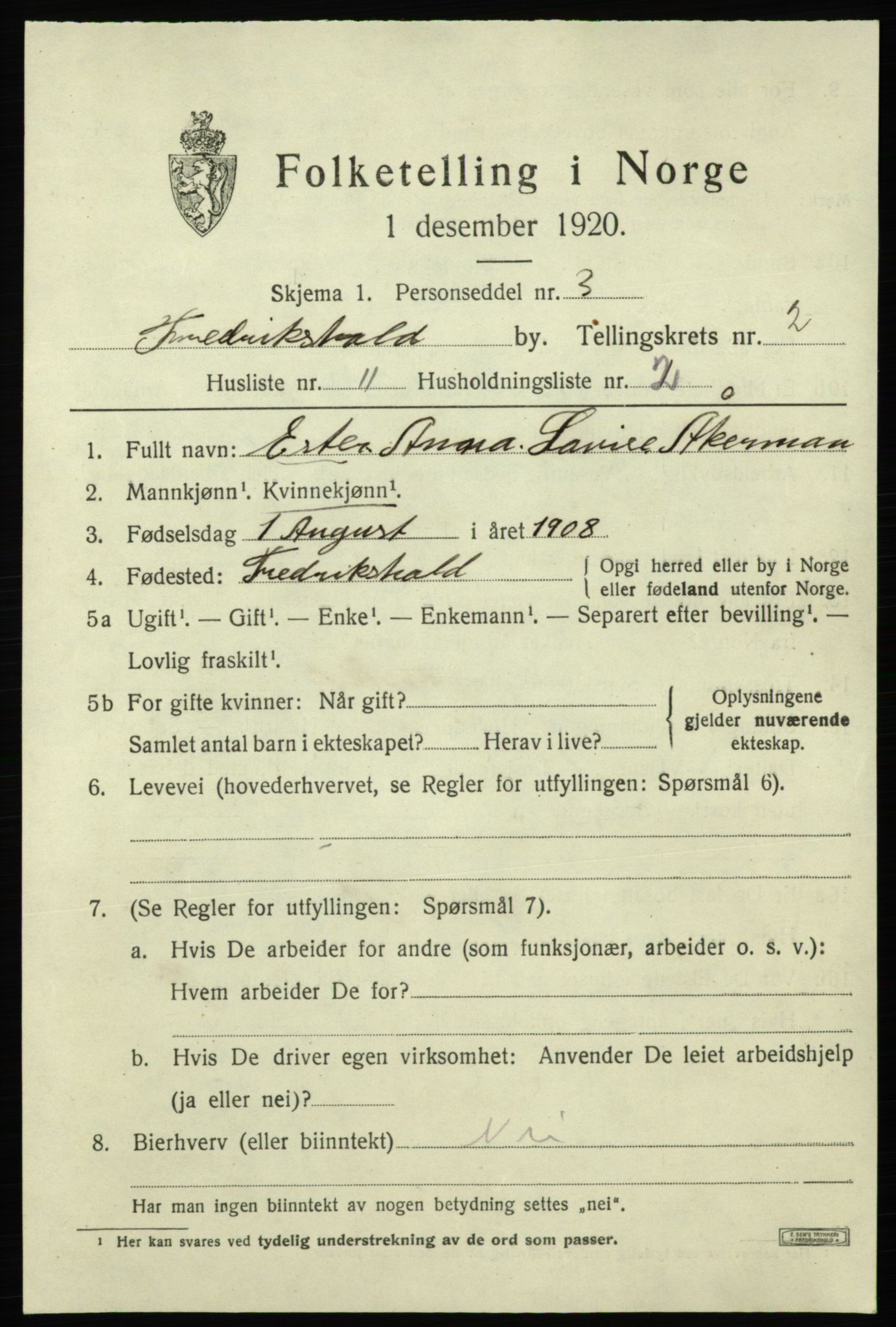 SAO, Folketelling 1920 for 0101 Fredrikshald kjøpstad, 1920, s. 9460