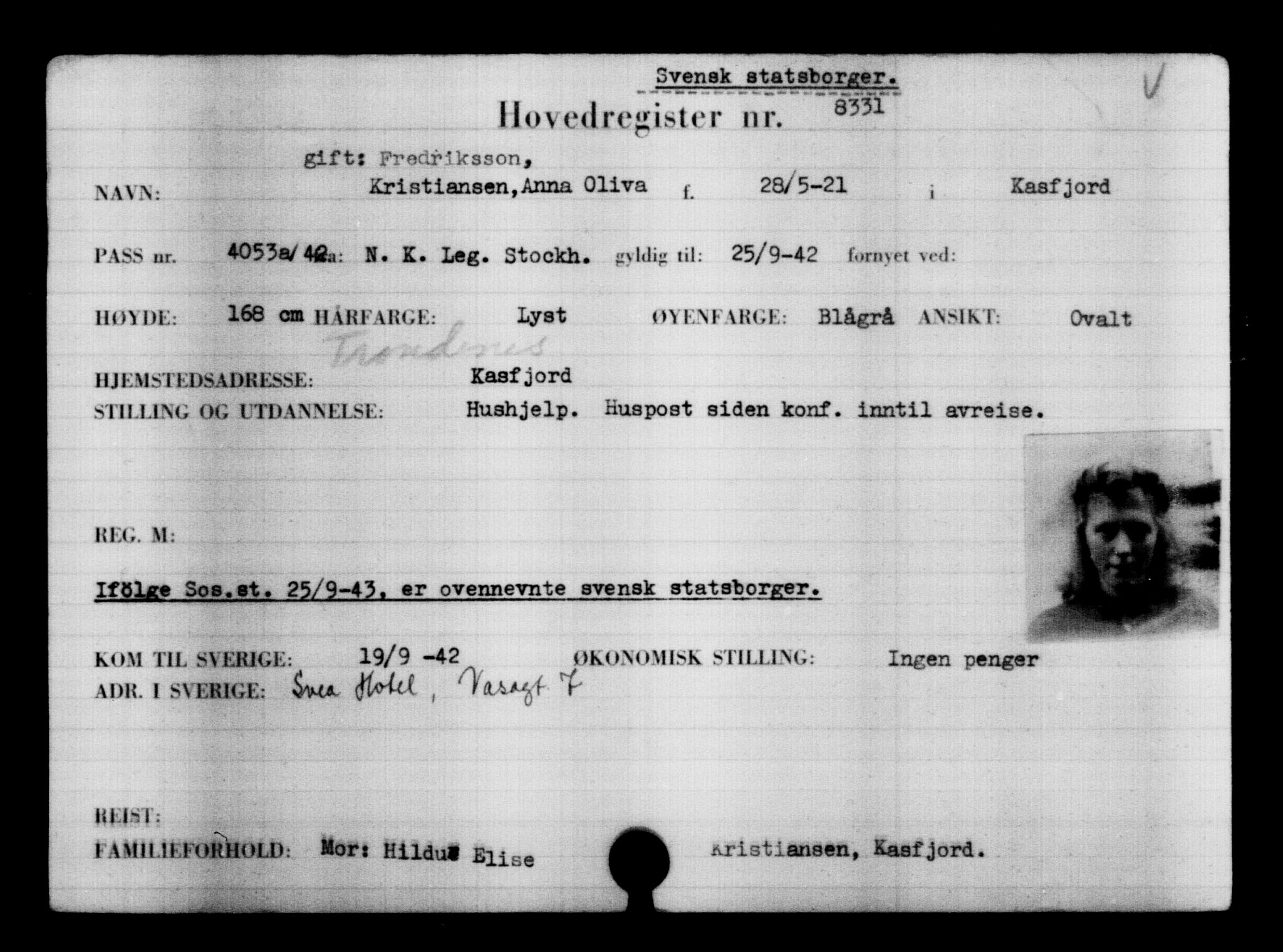 Utenriksstasjonene, Legasjonen i Stockholm, Flyktningkontoret, AV/RA-S-6753/V/Va/L0005: Kjesäterkartoteket, flyktninger med registreringsnr. 6600-9417, 1940-1945, s. 2008