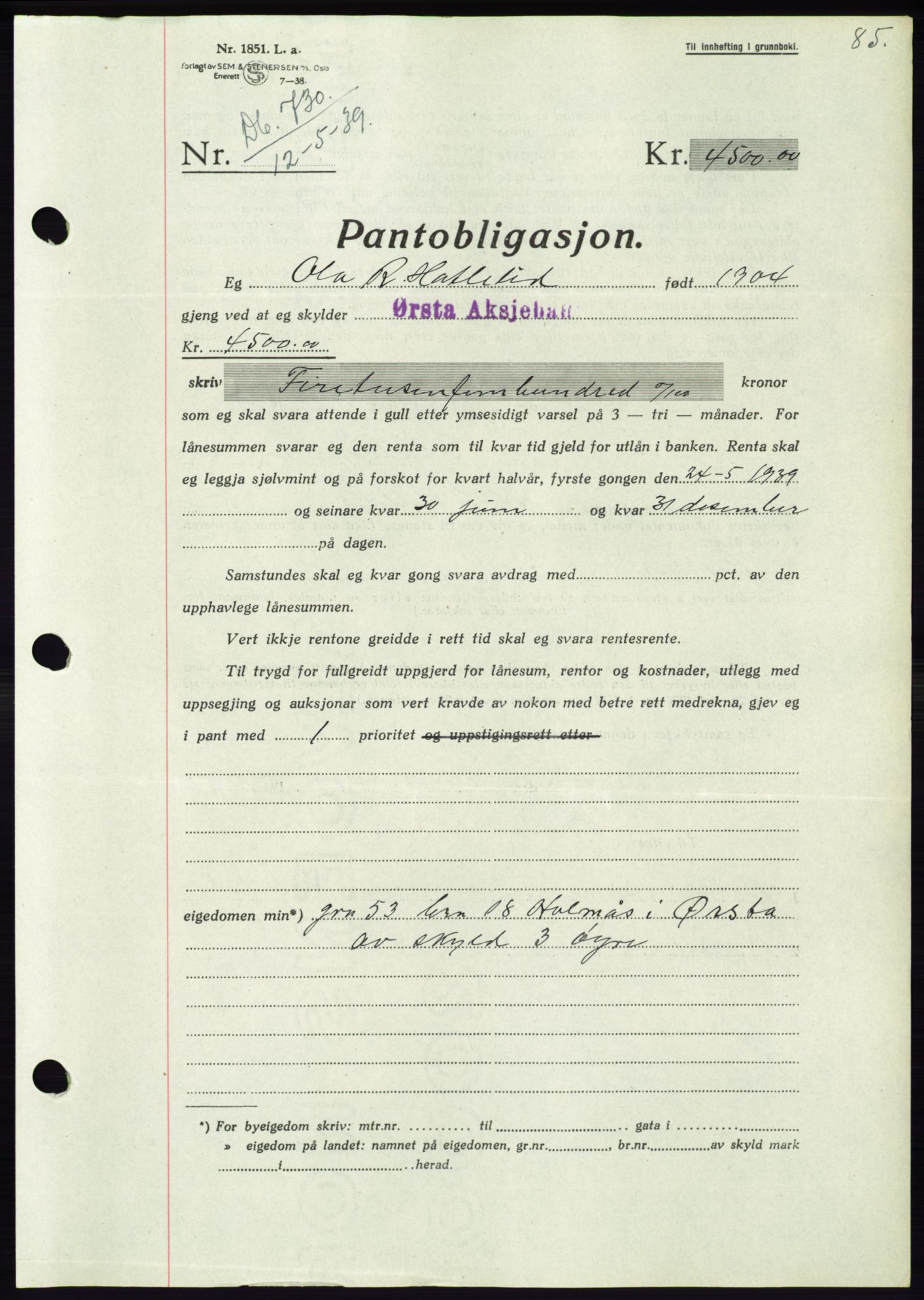 Søre Sunnmøre sorenskriveri, AV/SAT-A-4122/1/2/2C/L0068: Pantebok nr. 62, 1939-1939, Dagboknr: 730/1939