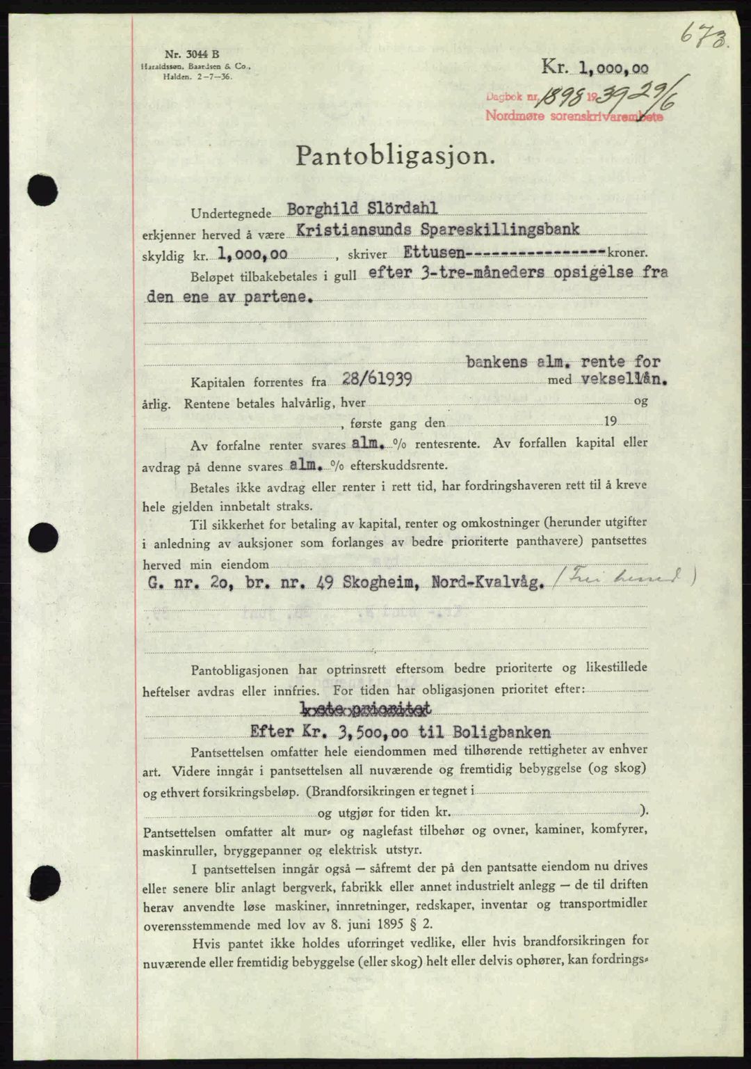 Nordmøre sorenskriveri, SAT/A-4132/1/2/2Ca: Pantebok nr. B85, 1939-1939, Dagboknr: 1898/1939