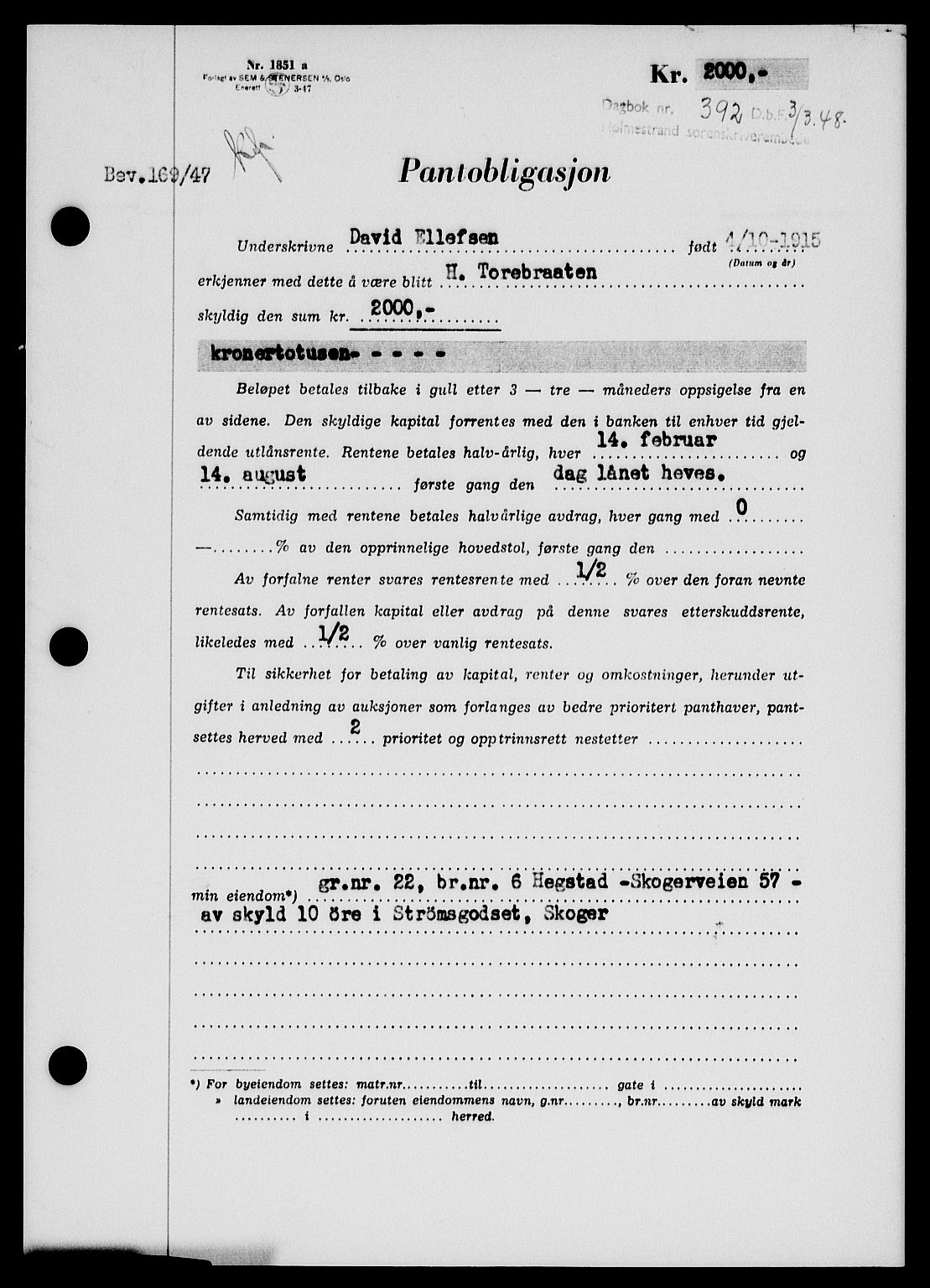 Holmestrand sorenskriveri, SAKO/A-67/G/Ga/Gab/L0058: Pantebok nr. B-58, 1947-1948, Dagboknr: 392/1948