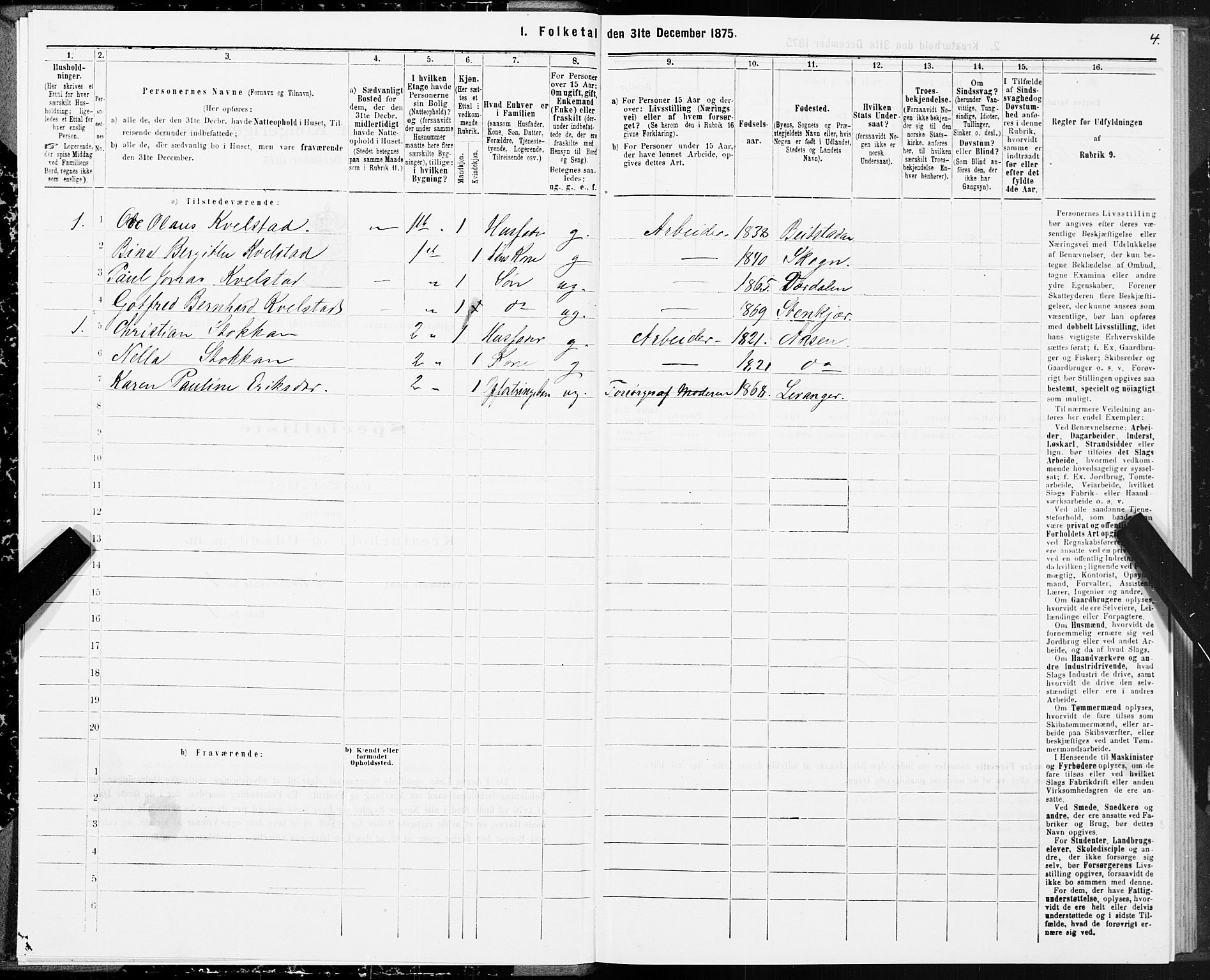 SAT, Folketelling 1875 for 1701B Levanger prestegjeld, Levanger kjøpstad, 1875, s. 4