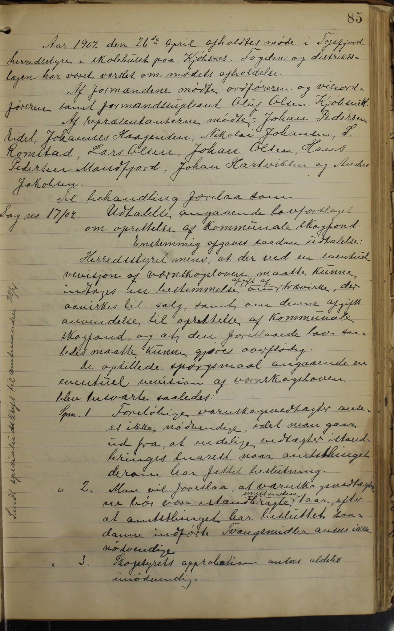 Tysfjord kommune. Formannskapet, AIN/K-18500.150/100/L0002: Forhandlingsprotokoll for Tysfjordens formandskap, 1895-1912, s. 85