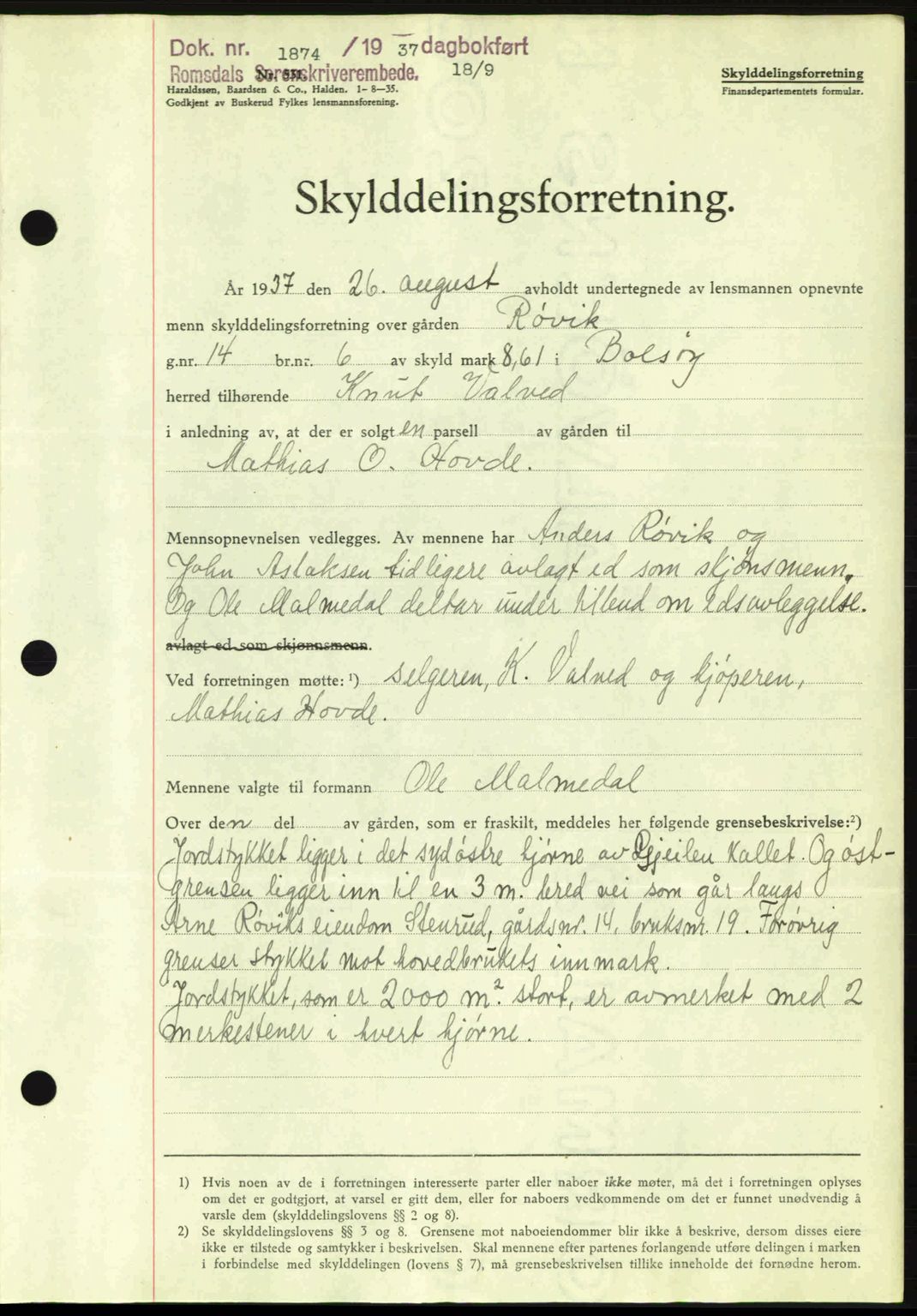 Romsdal sorenskriveri, SAT/A-4149/1/2/2C: Pantebok nr. A3, 1937-1937, Dagboknr: 1874/1937