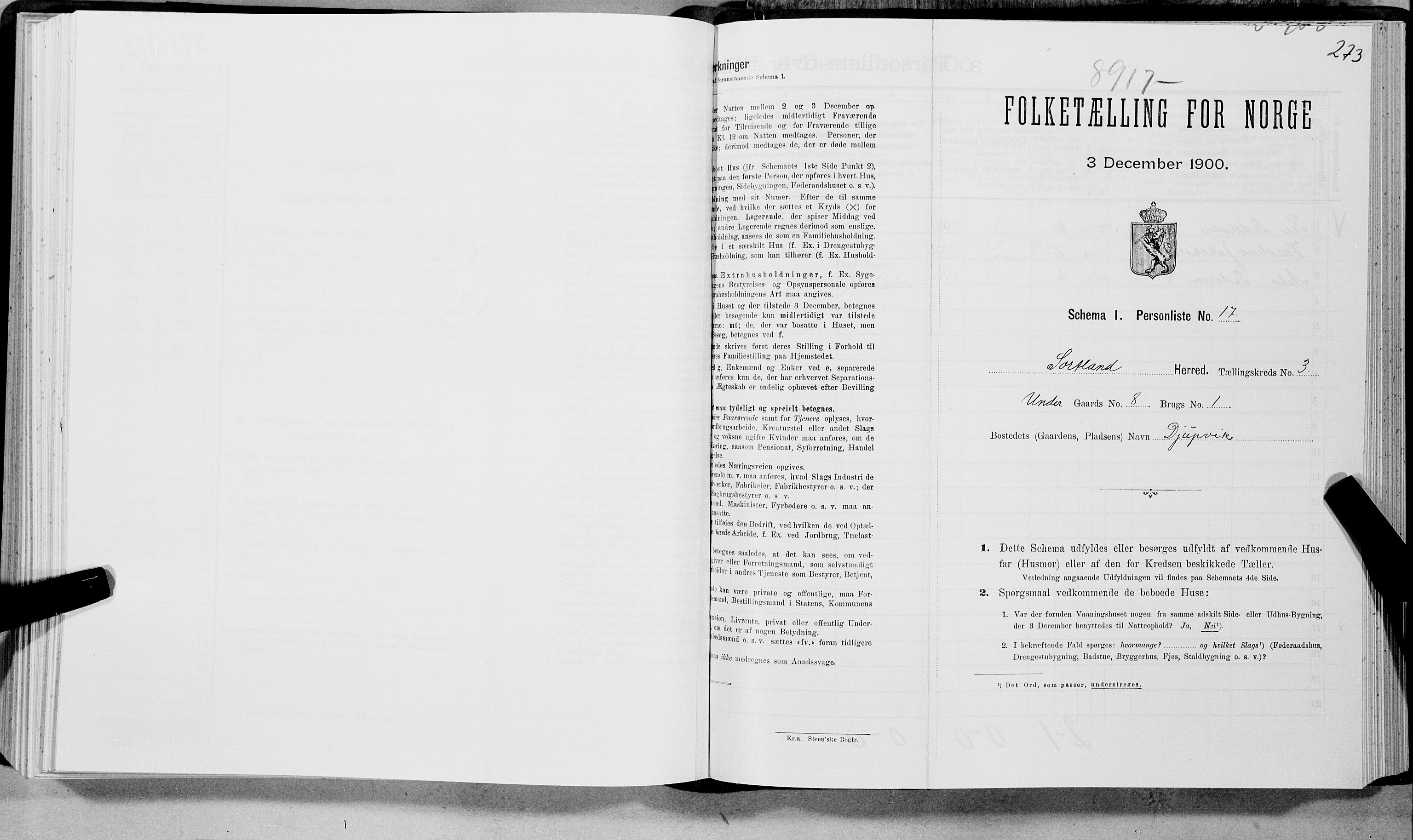 SAT, Folketelling 1900 for 1870 Sortland herred, 1900, s. 292