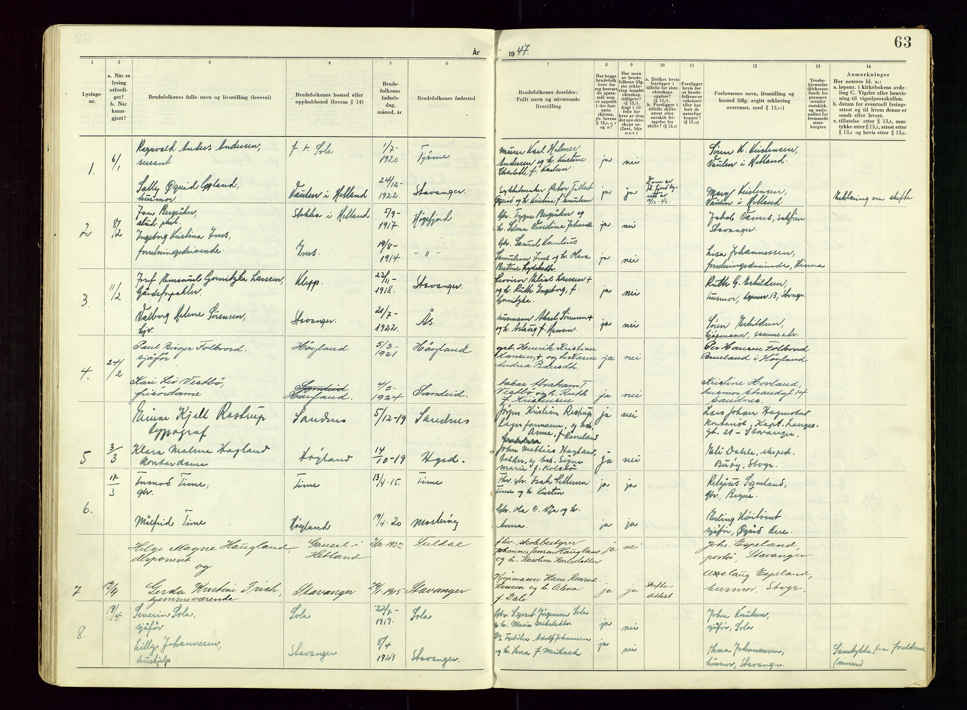 Sandnes sorenskriveri, AV/SAST-A-100312/02/I/Ic/L0001: Vigsel (Lysingsbok), 1944-1954, s. 63