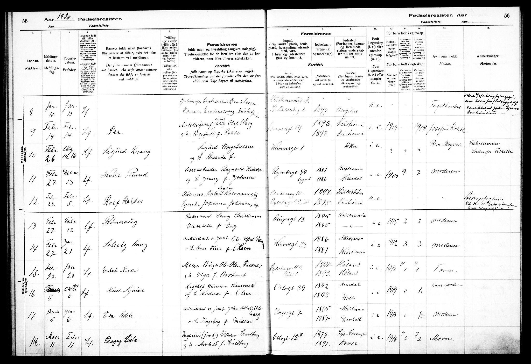 Gamlebyen prestekontor Kirkebøker, AV/SAO-A-10884/J/Ja/L0001: Fødselsregister nr. 1, 1916-1936, s. 56