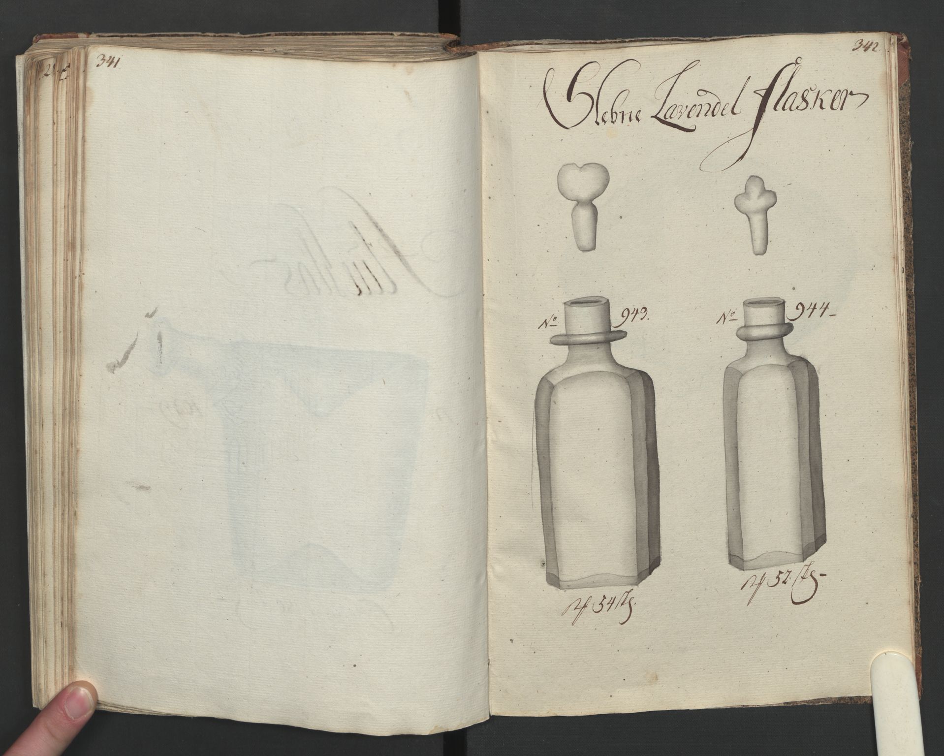 Glassverk, samlinger, RA/PA-0001/F/Fa/L0036: Modellbok for Nøstetangens og Aas' produkter med prisangivelse,, 1763, s. 341-342