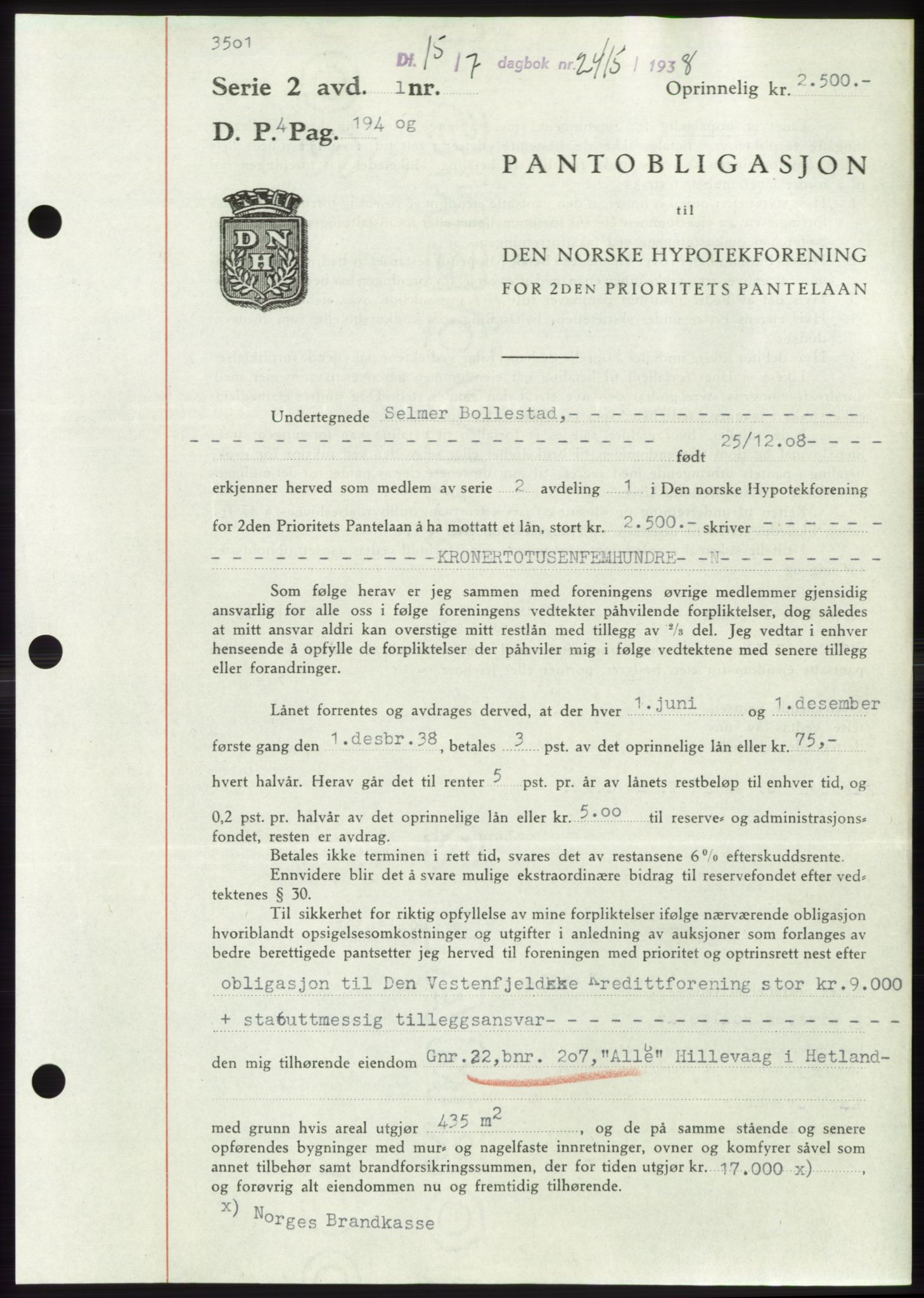 Jæren sorenskriveri, SAST/A-100310/03/G/Gba/L0071: Pantebok, 1938-1938, Dagboknr: 2415/1938