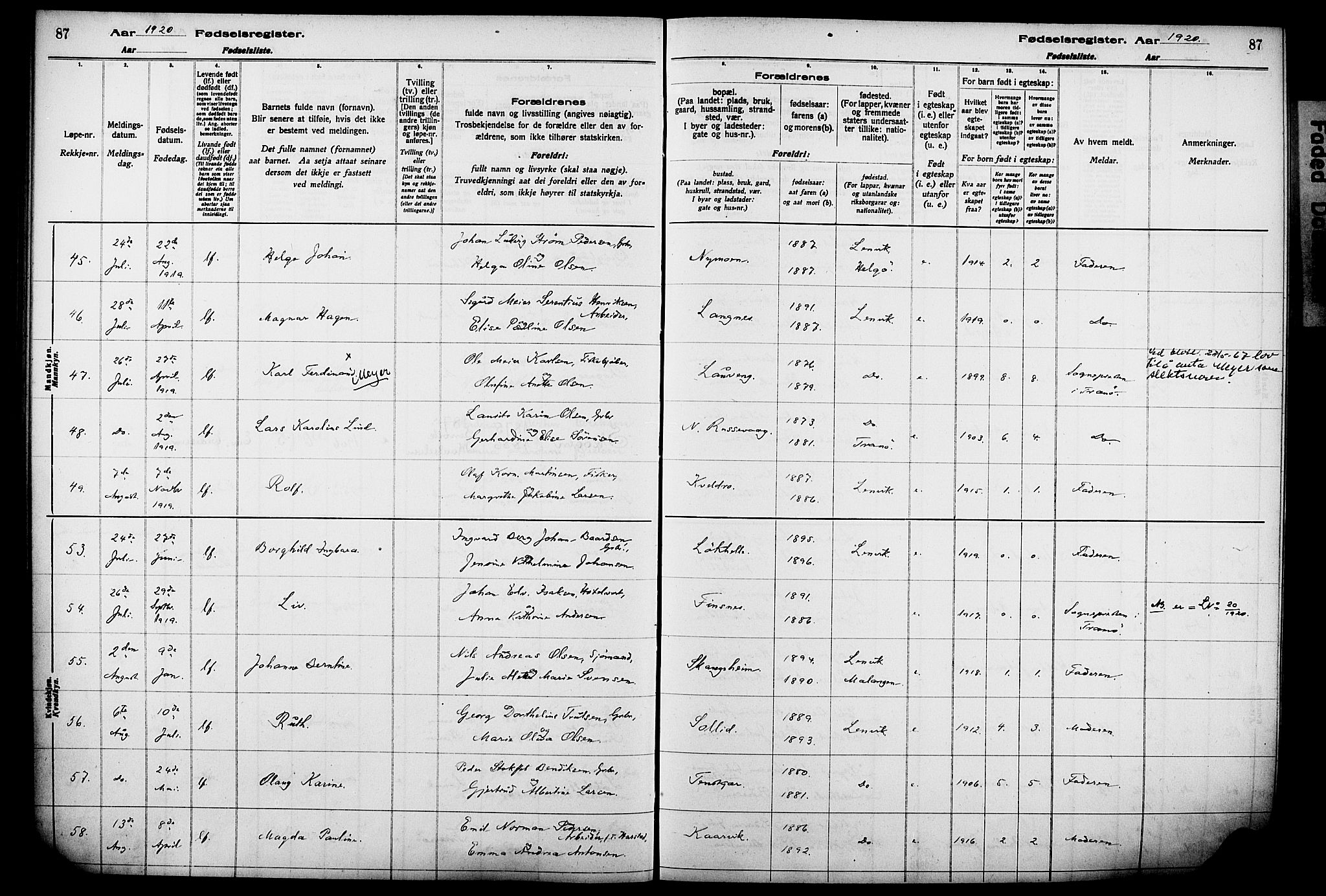 Lenvik sokneprestembete, AV/SATØ-S-1310/I/Ic/L0089: Fødselsregister nr. 89, 1916-1926, s. 87