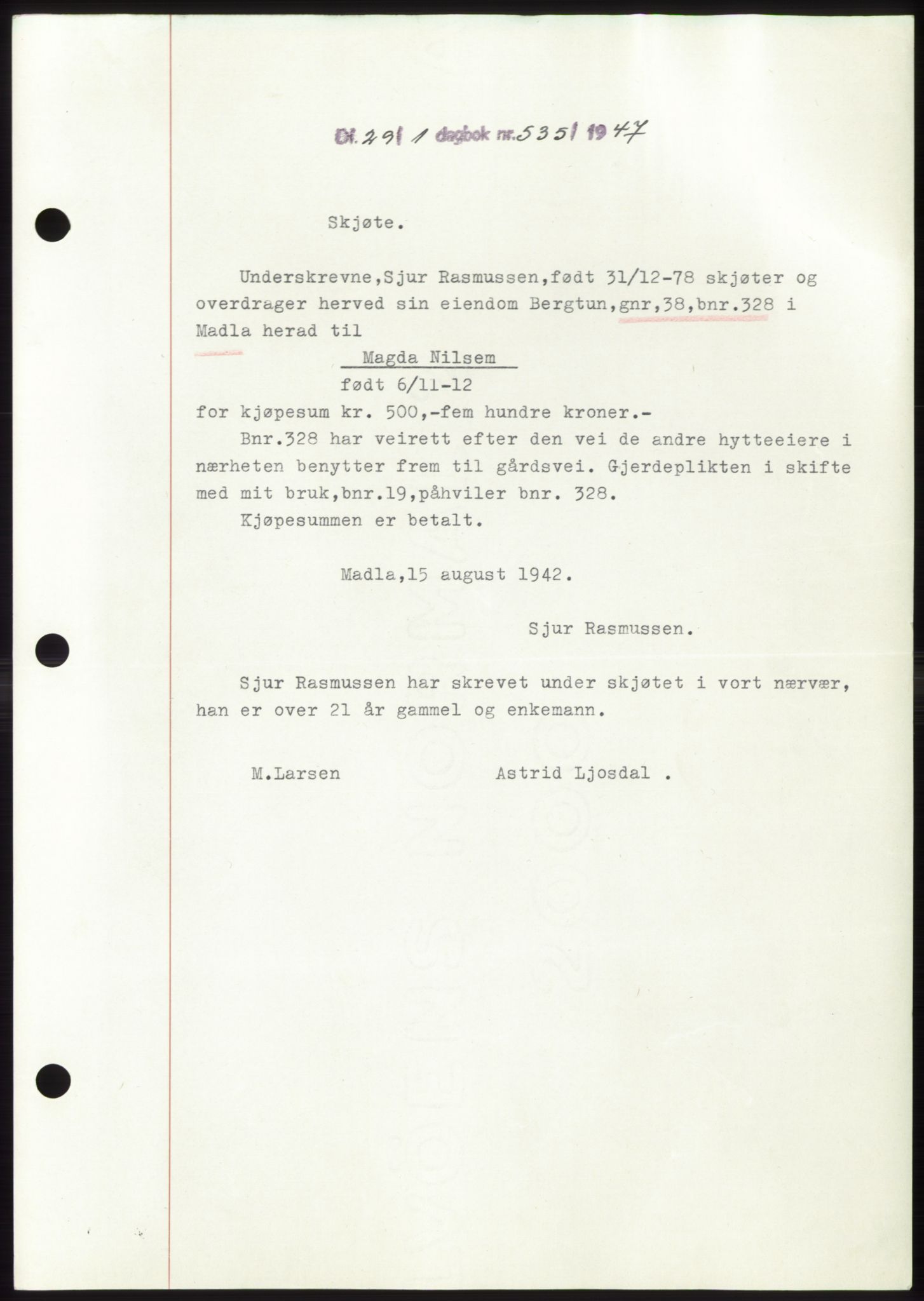 Jæren sorenskriveri, SAST/A-100310/03/G/Gba/L0093: Pantebok, 1947-1947, Dagboknr: 535/1947