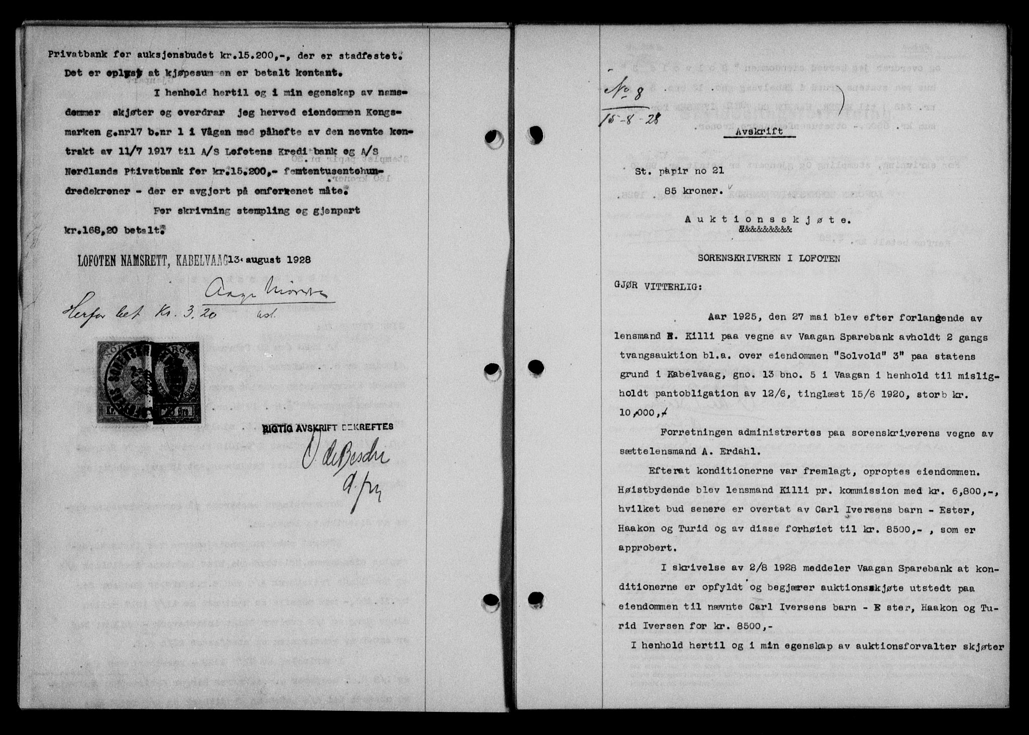 Lofoten sorenskriveri, SAT/A-0017/1/2/2C/L0018b: Pantebok nr. 18b, 1928-1928, Tingl.dato: 15.08.1928