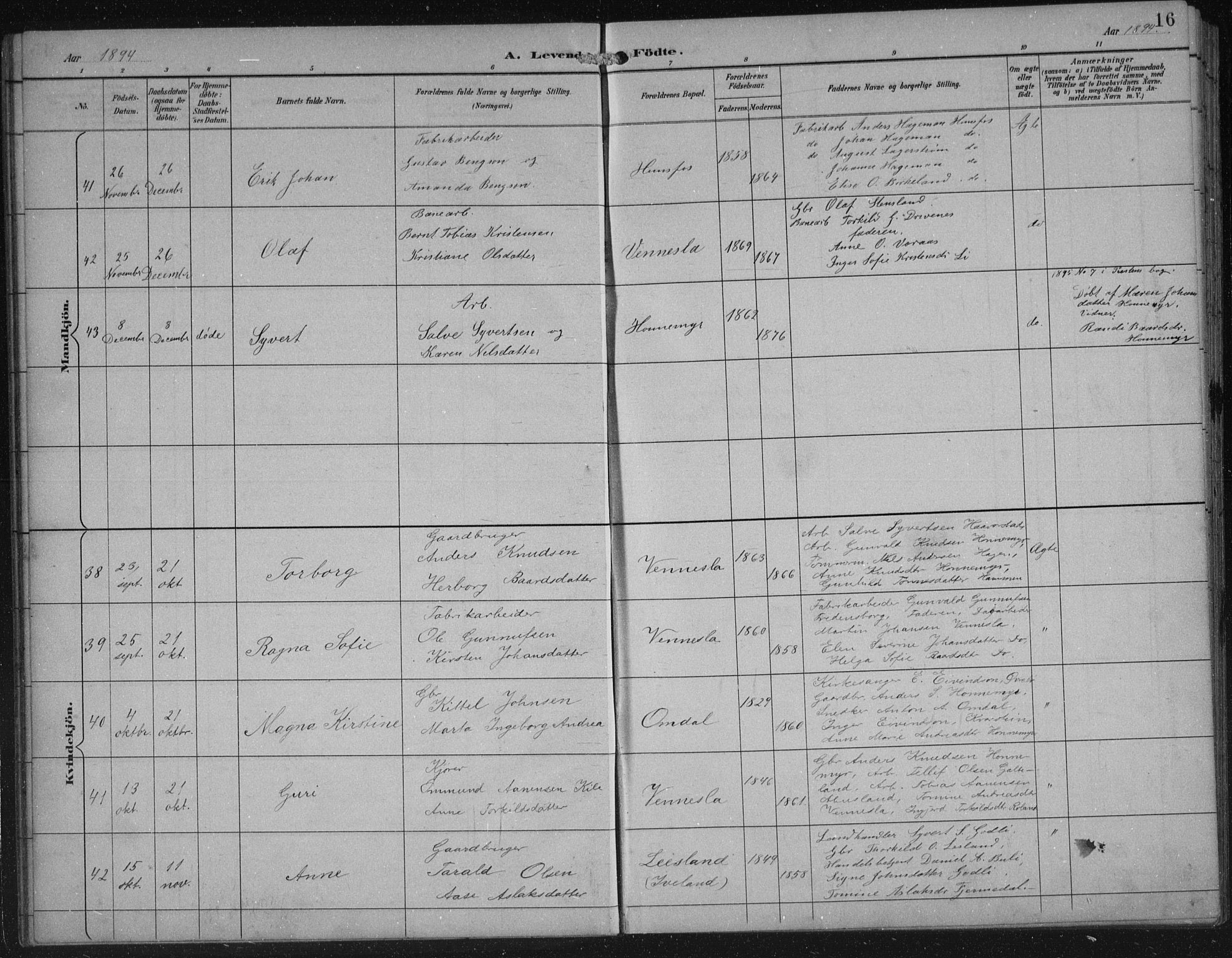 Vennesla sokneprestkontor, AV/SAK-1111-0045/Fb/Fbb/L0004: Klokkerbok nr. B 4, 1893-1902, s. 16