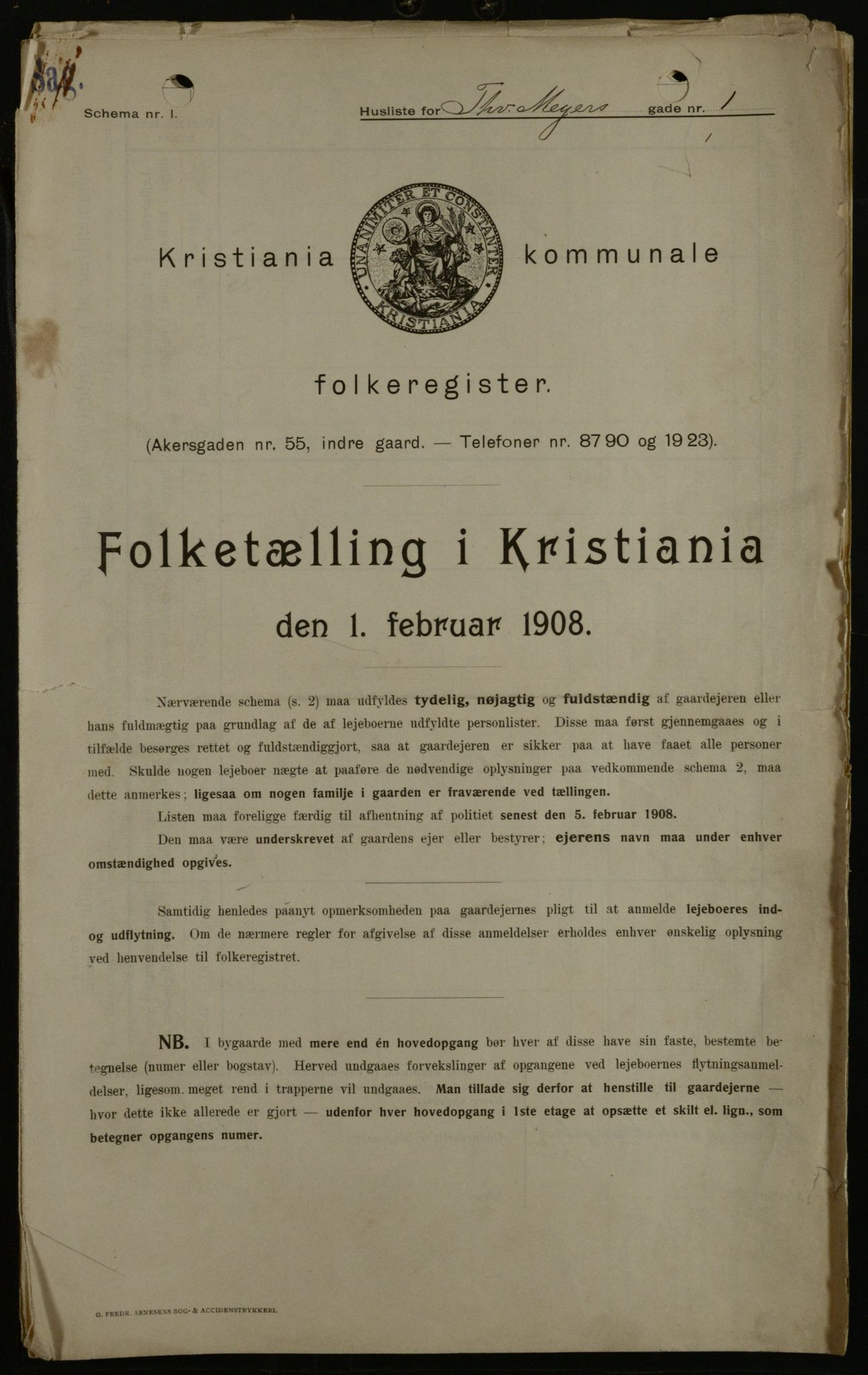 OBA, Kommunal folketelling 1.2.1908 for Kristiania kjøpstad, 1908, s. 98458