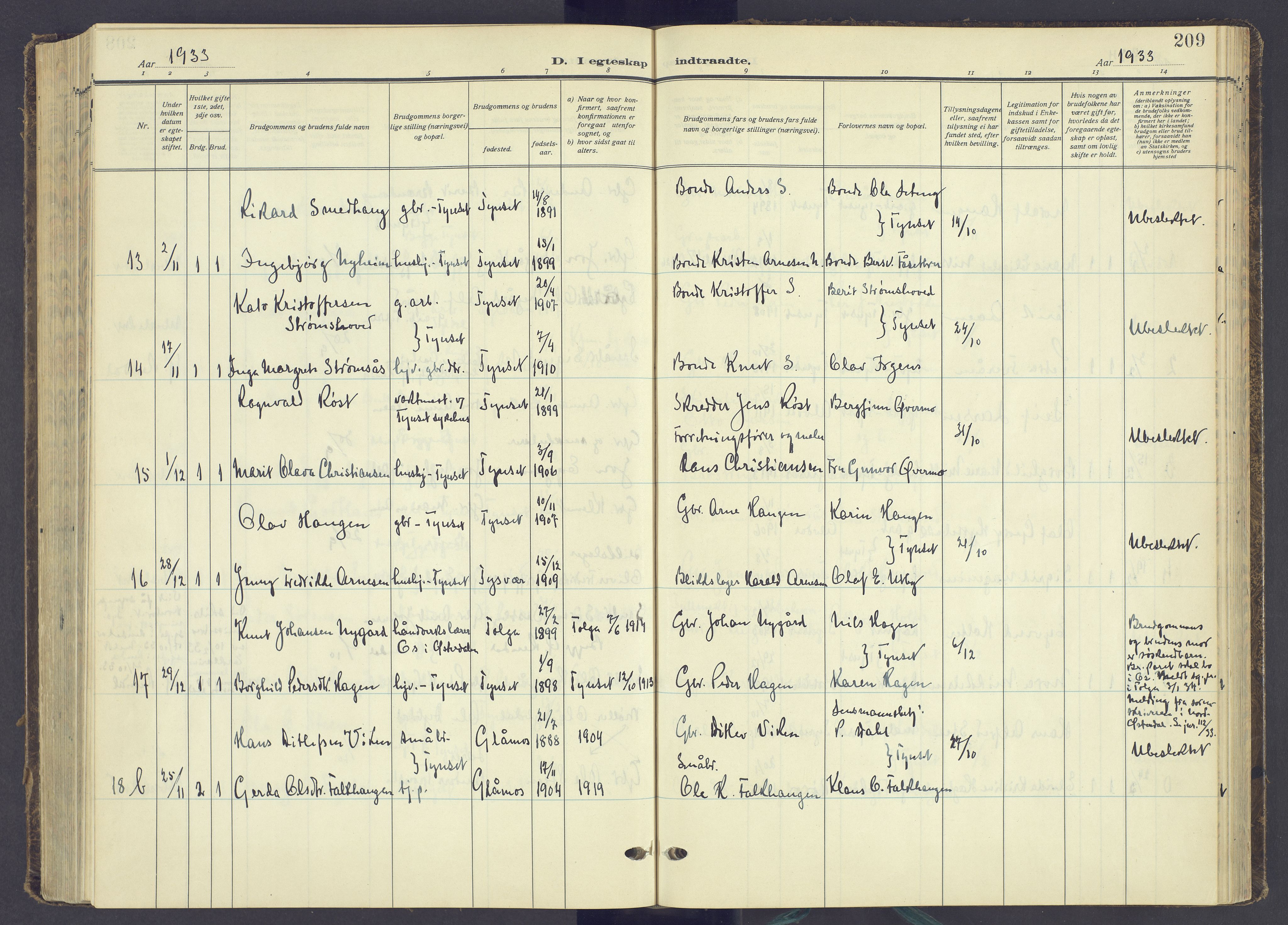 Tynset prestekontor, AV/SAH-PREST-058/H/Ha/Haa/L0027: Ministerialbok nr. 27, 1930-1944, s. 209