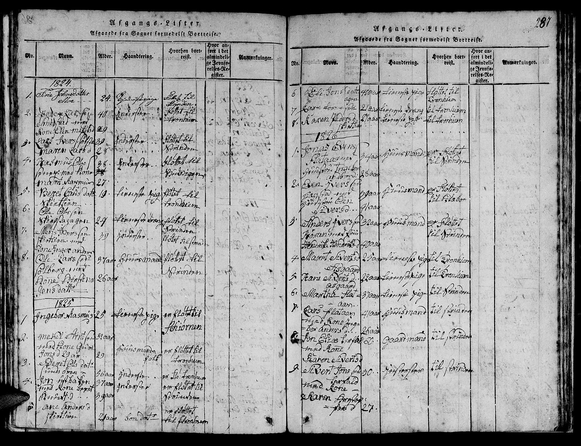 Ministerialprotokoller, klokkerbøker og fødselsregistre - Sør-Trøndelag, SAT/A-1456/613/L0393: Klokkerbok nr. 613C01, 1816-1886, s. 287