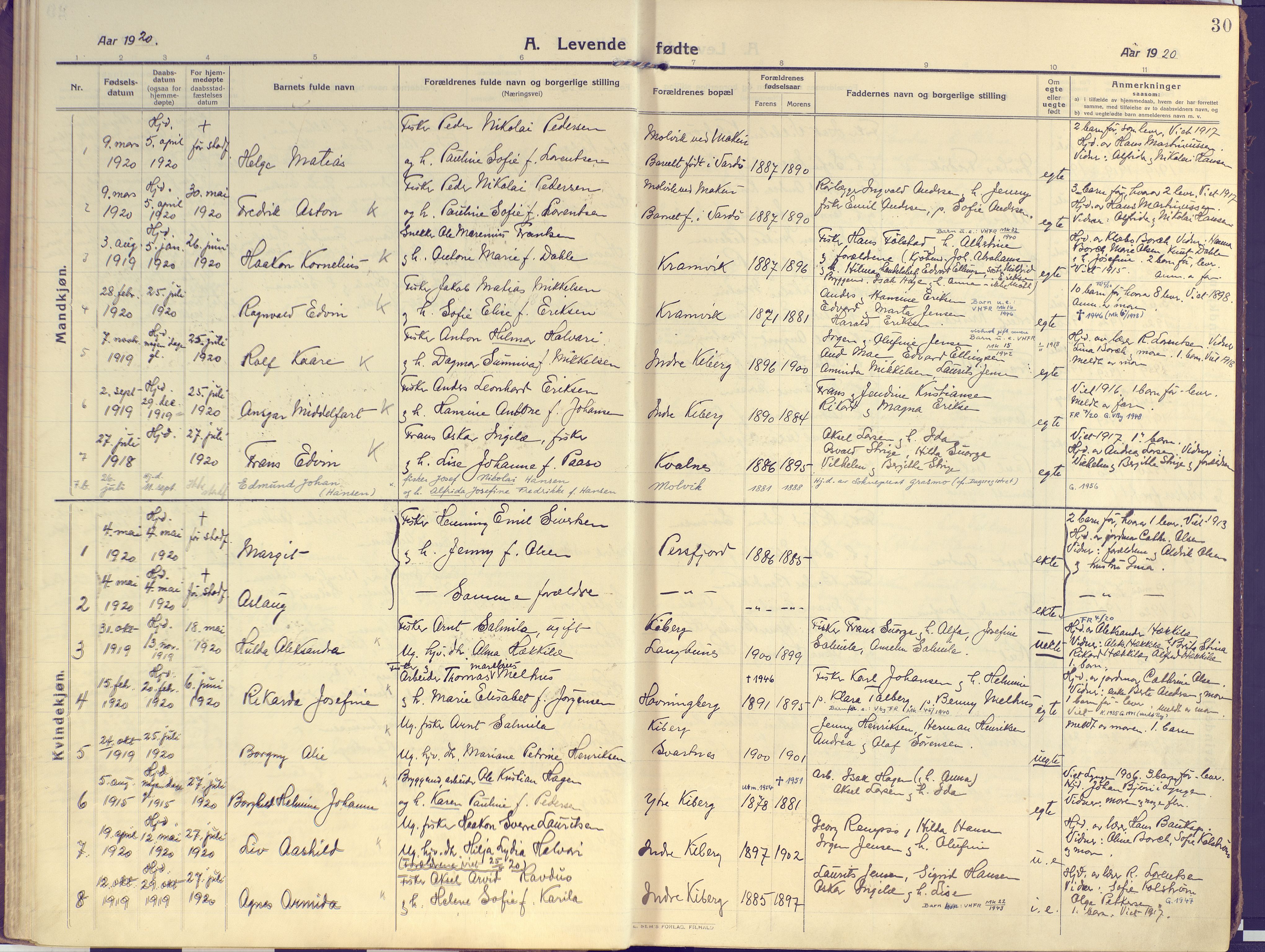 Vardø sokneprestkontor, AV/SATØ-S-1332/H/Ha/L0013kirke: Ministerialbok nr. 13, 1912-1928, s. 30