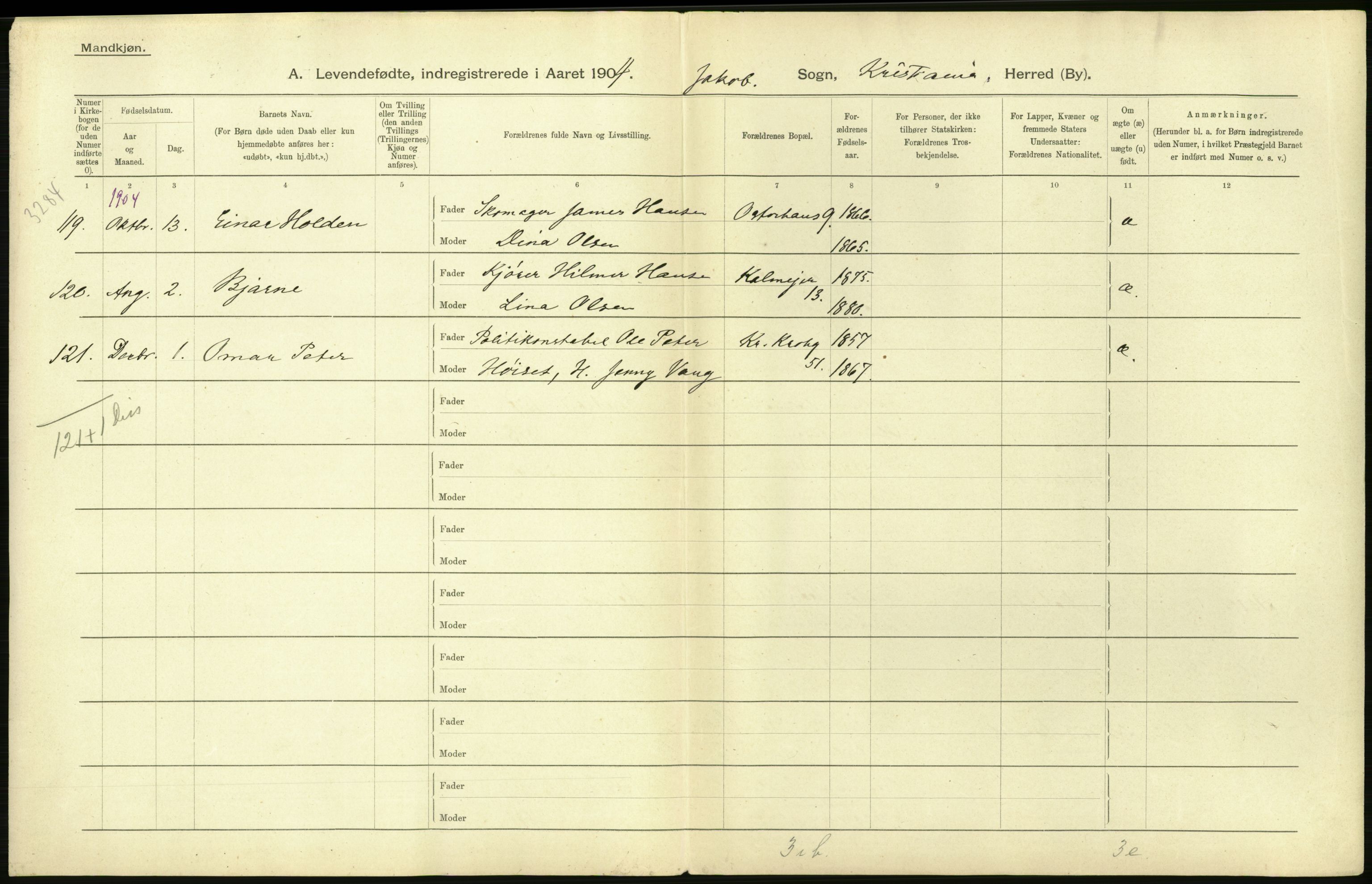 Statistisk sentralbyrå, Sosiodemografiske emner, Befolkning, AV/RA-S-2228/D/Df/Dfa/Dfab/L0003: Kristiania: Fødte, 1904, s. 4