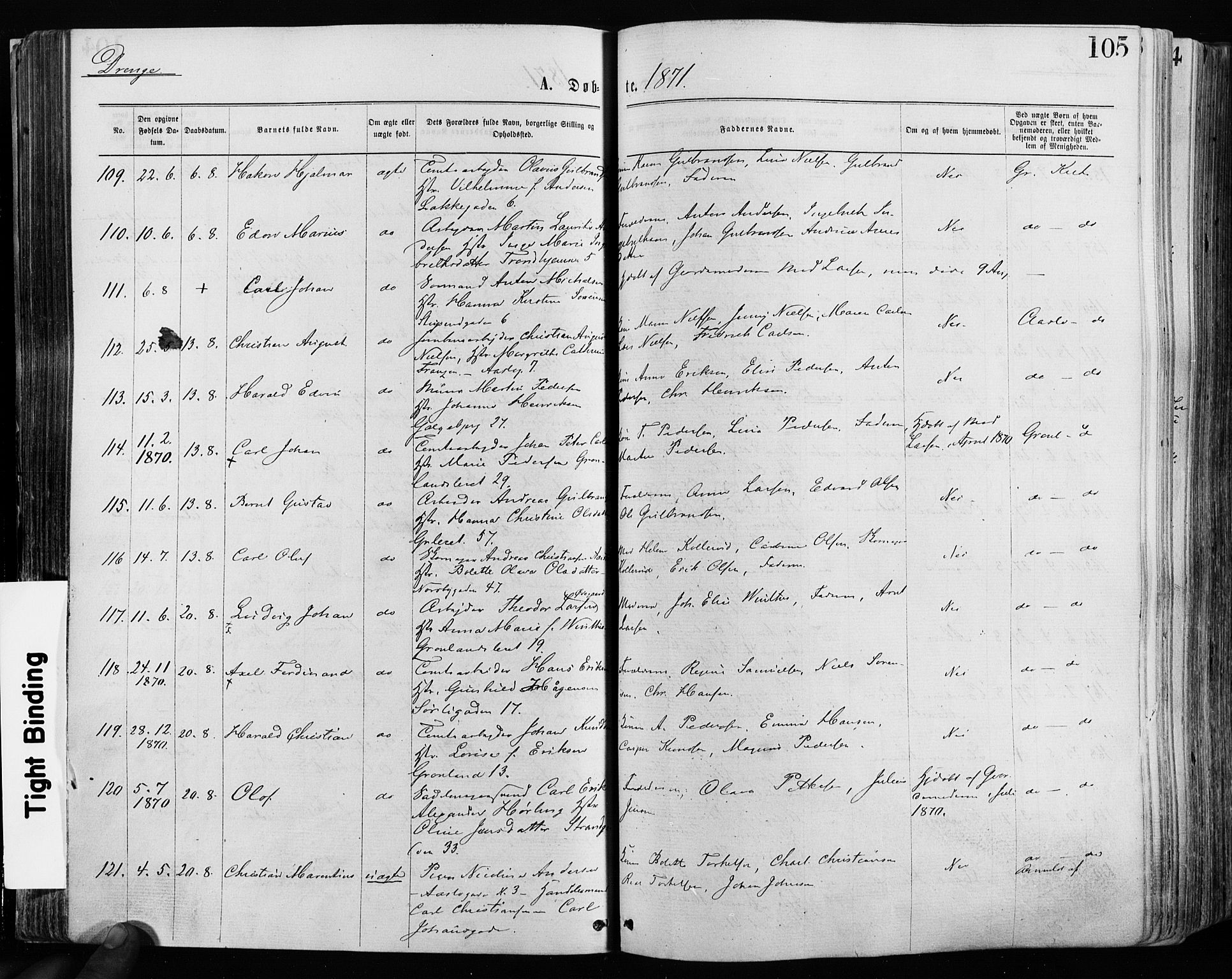 Grønland prestekontor Kirkebøker, SAO/A-10848/F/Fa/L0004: Ministerialbok nr. 4, 1869-1880, s. 105