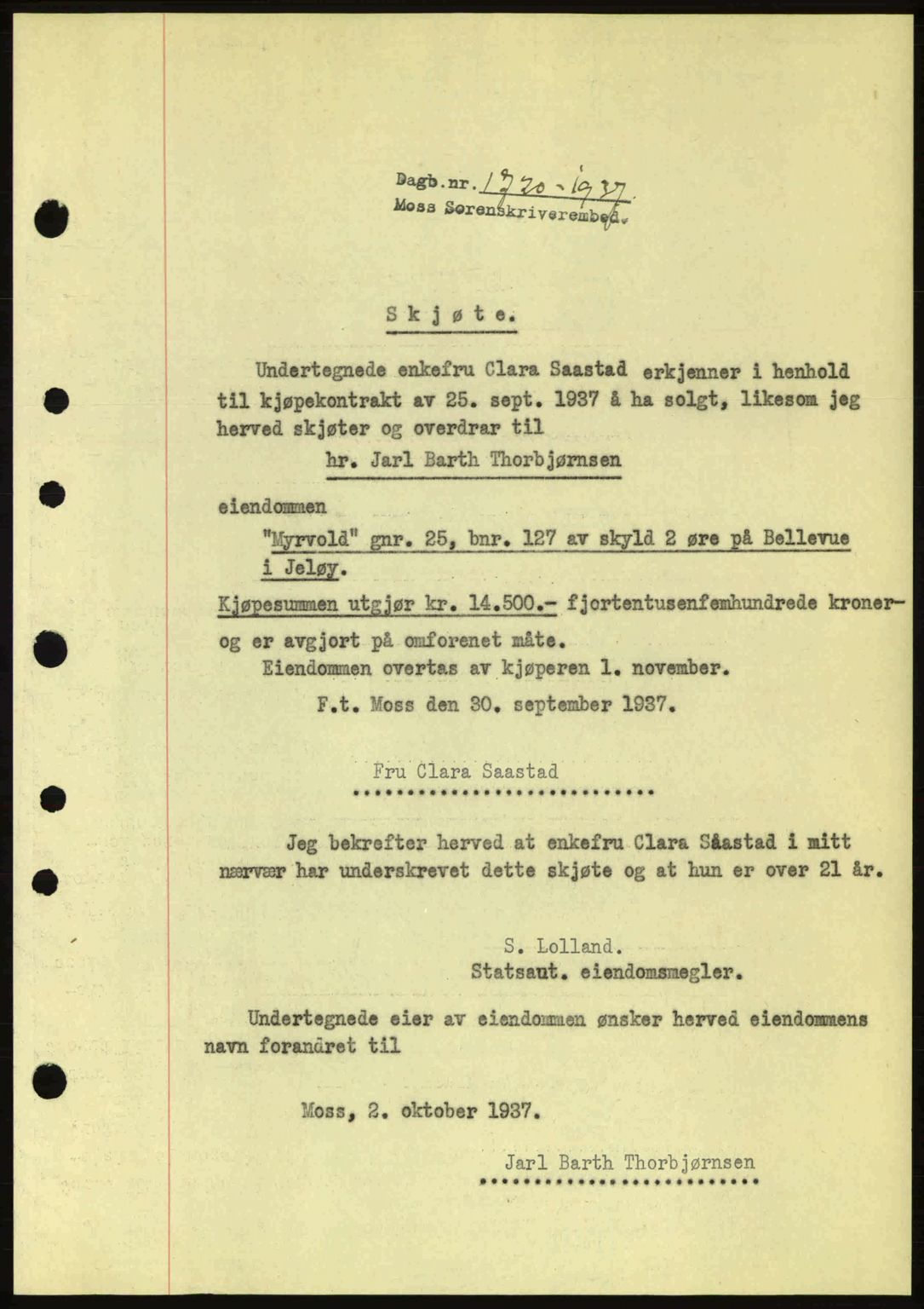Moss sorenskriveri, SAO/A-10168: Pantebok nr. A3, 1937-1938, Dagboknr: 1720/1937