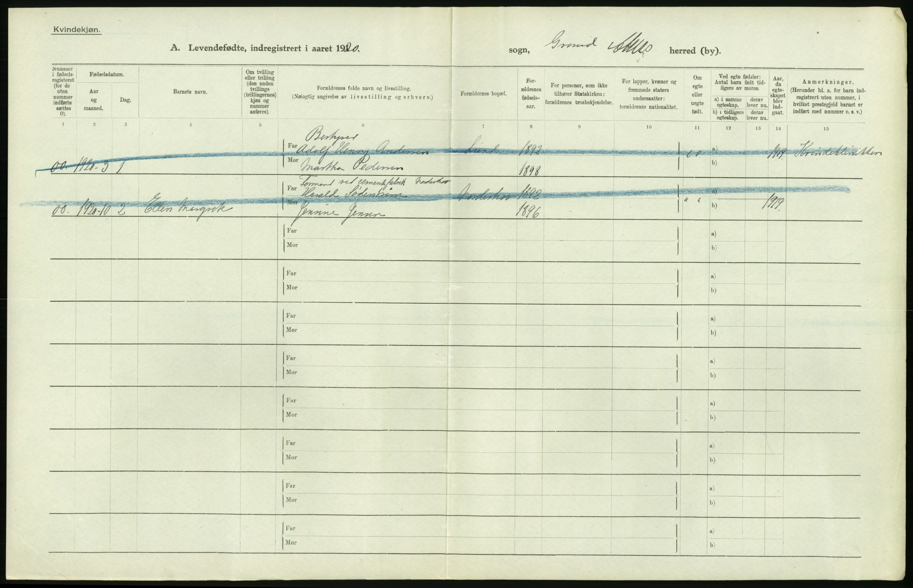 Statistisk sentralbyrå, Sosiodemografiske emner, Befolkning, RA/S-2228/D/Df/Dfb/Dfbj/L0004: Akershus fylke: Levendefødte menn og kvinner. Bygder., 1920, s. 156