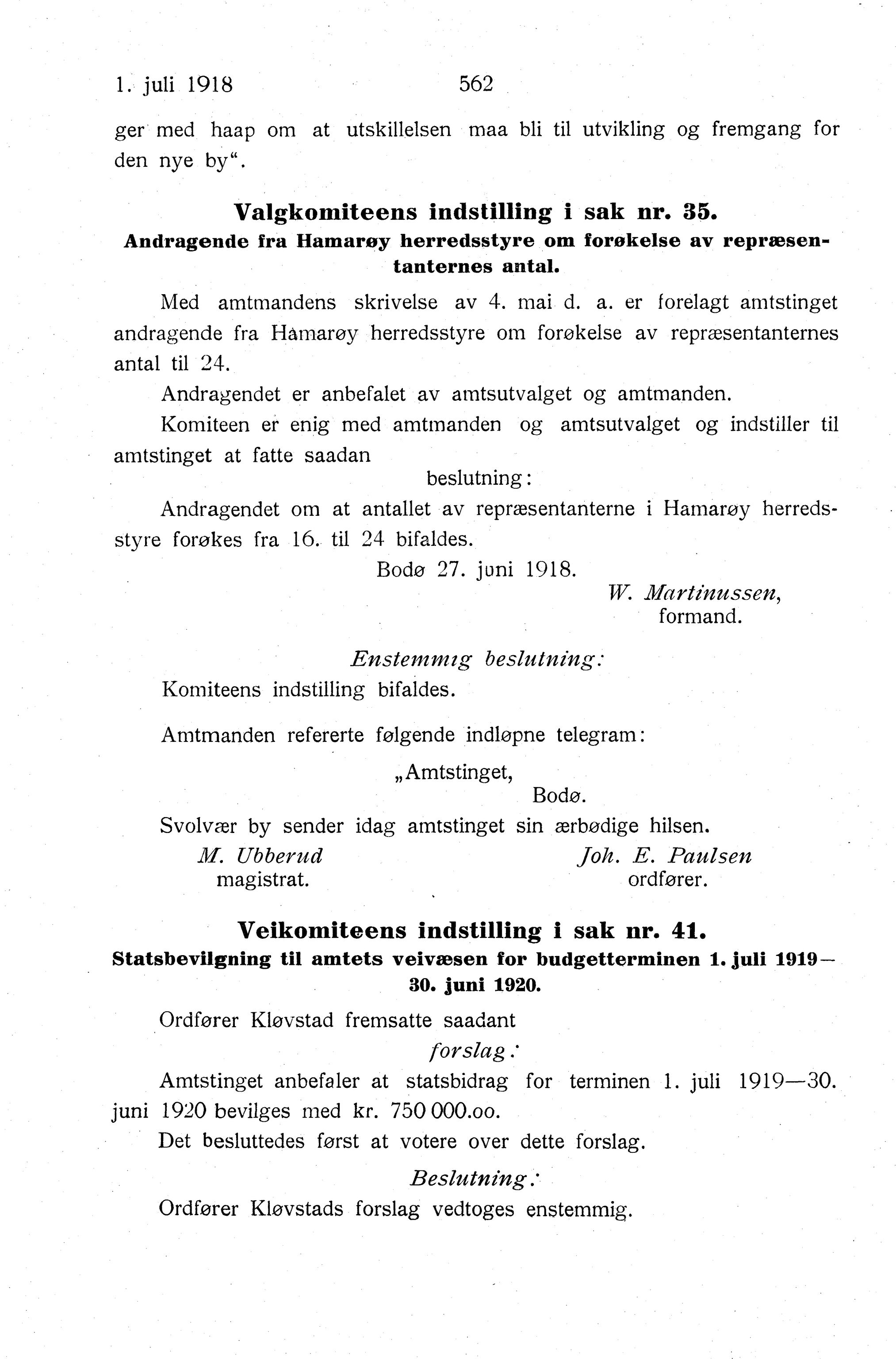 Nordland Fylkeskommune. Fylkestinget, AIN/NFK-17/176/A/Ac/L0041: Fylkestingsforhandlinger 1918, 1918