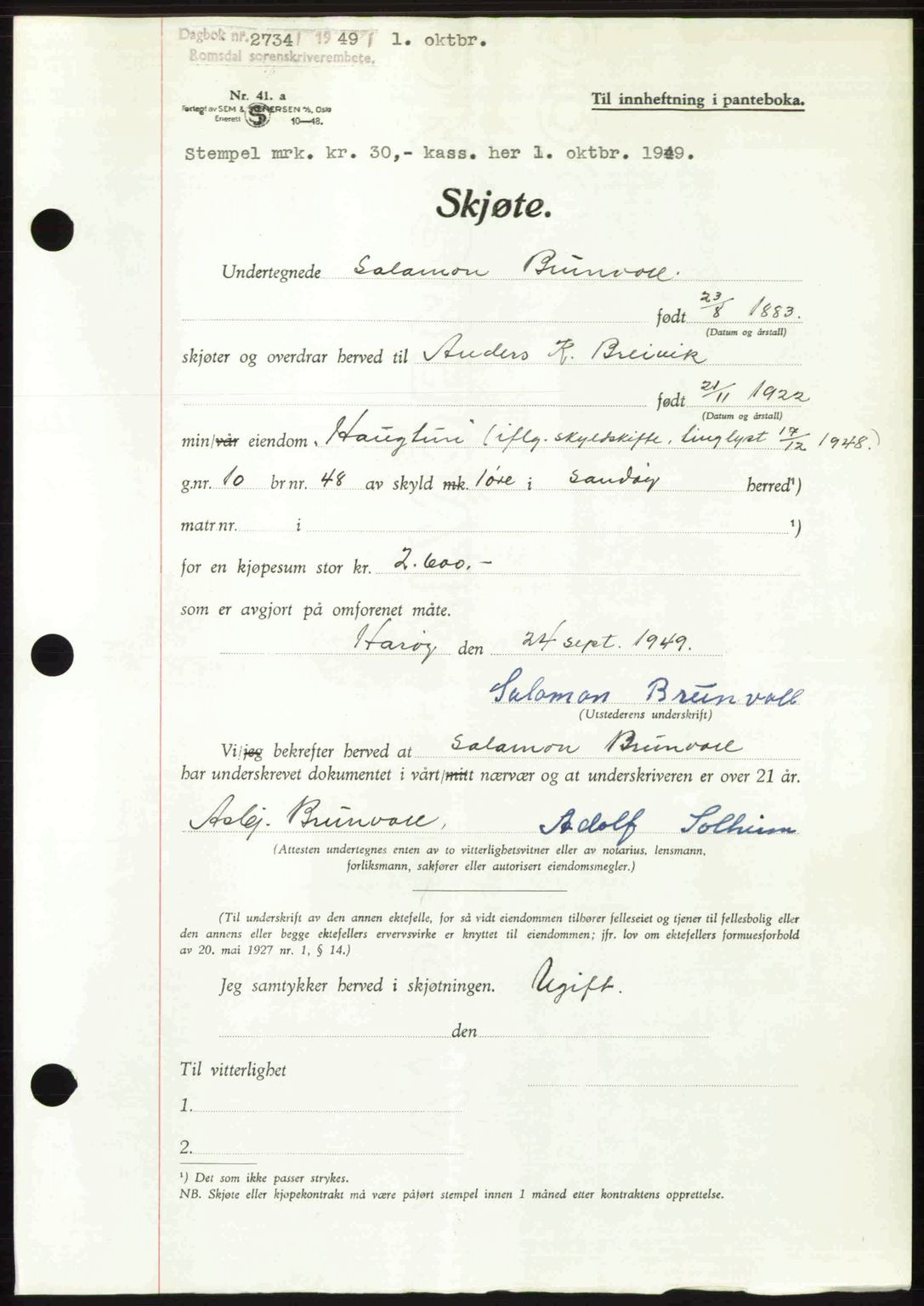 Romsdal sorenskriveri, SAT/A-4149/1/2/2C: Pantebok nr. A31, 1949-1949, Dagboknr: 2734/1949