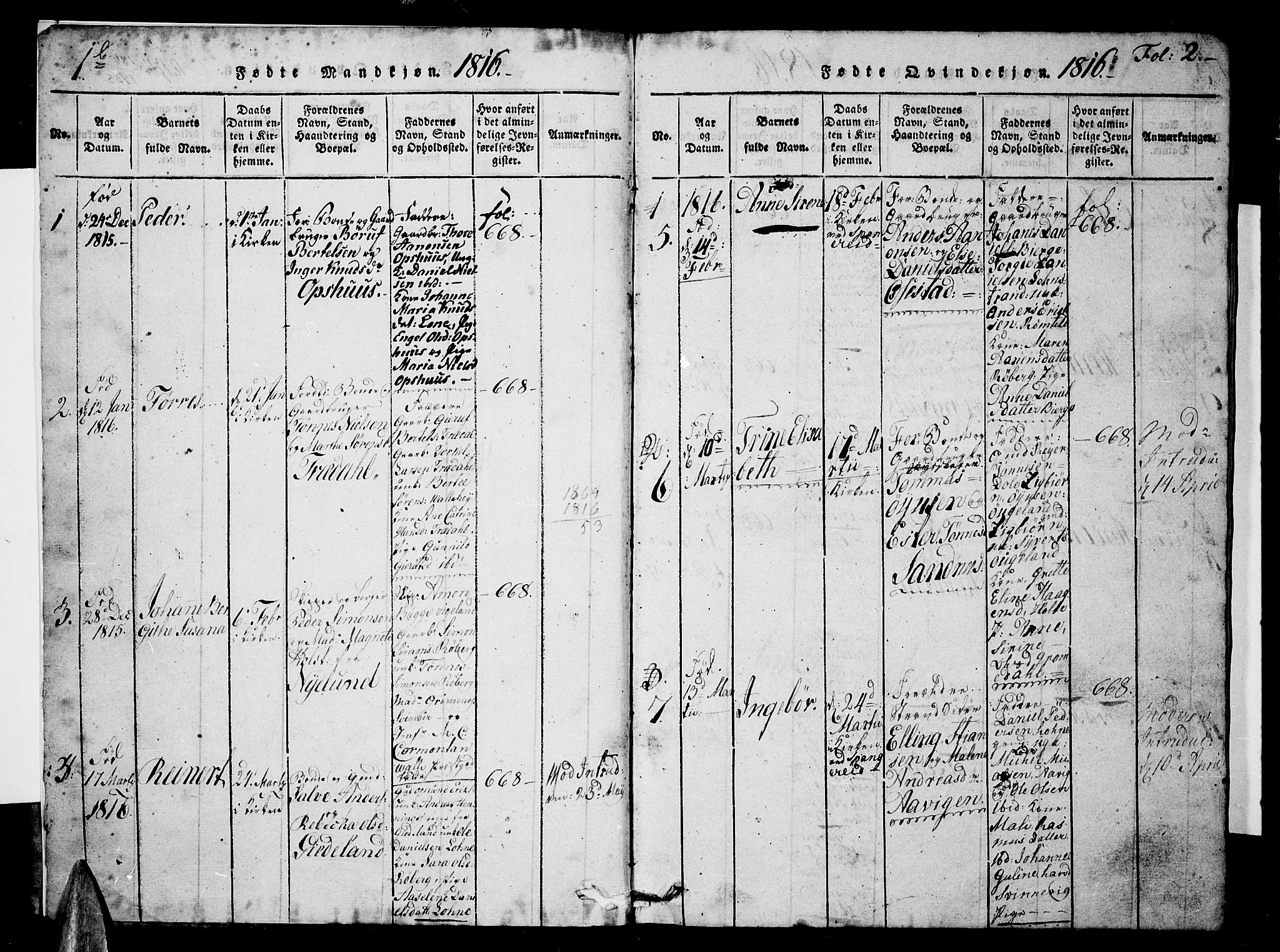 Sør-Audnedal sokneprestkontor, AV/SAK-1111-0039/F/Fb/Fbb/L0001: Klokkerbok nr. B 1, 1815-1827, s. 1-2