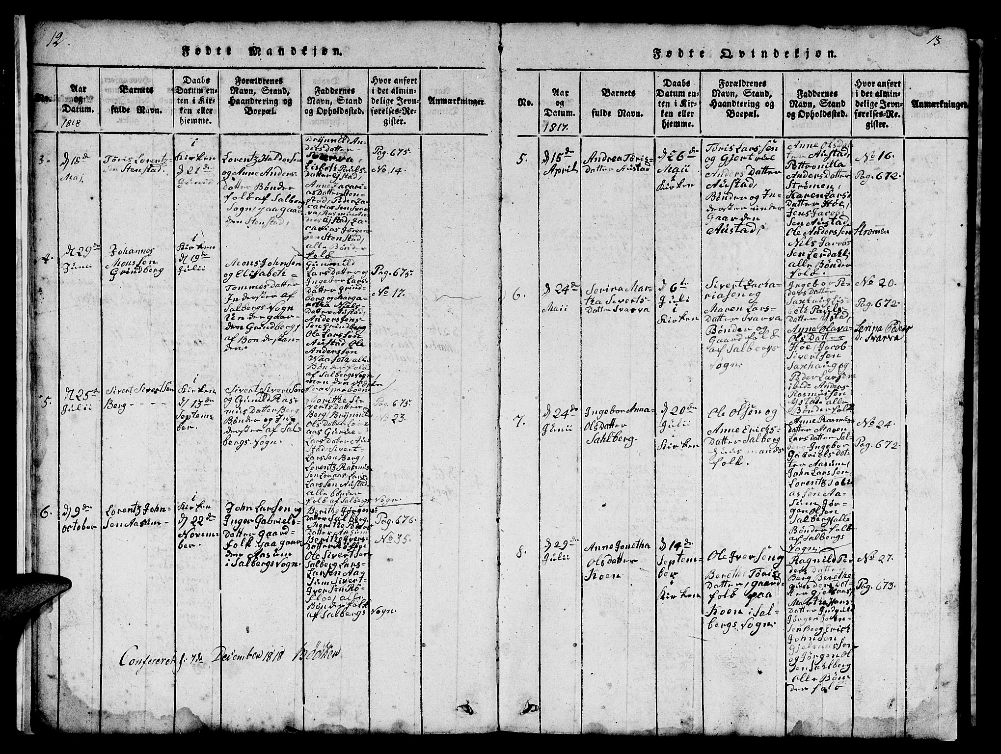 Ministerialprotokoller, klokkerbøker og fødselsregistre - Nord-Trøndelag, SAT/A-1458/731/L0310: Klokkerbok nr. 731C01, 1816-1874, s. 12-13