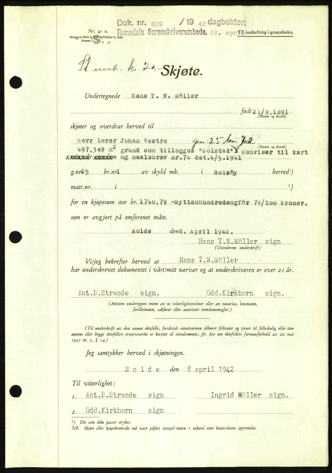 Romsdal sorenskriveri, SAT/A-4149/1/2/2C: Pantebok nr. A12, 1942-1942, Dagboknr: 829/1942