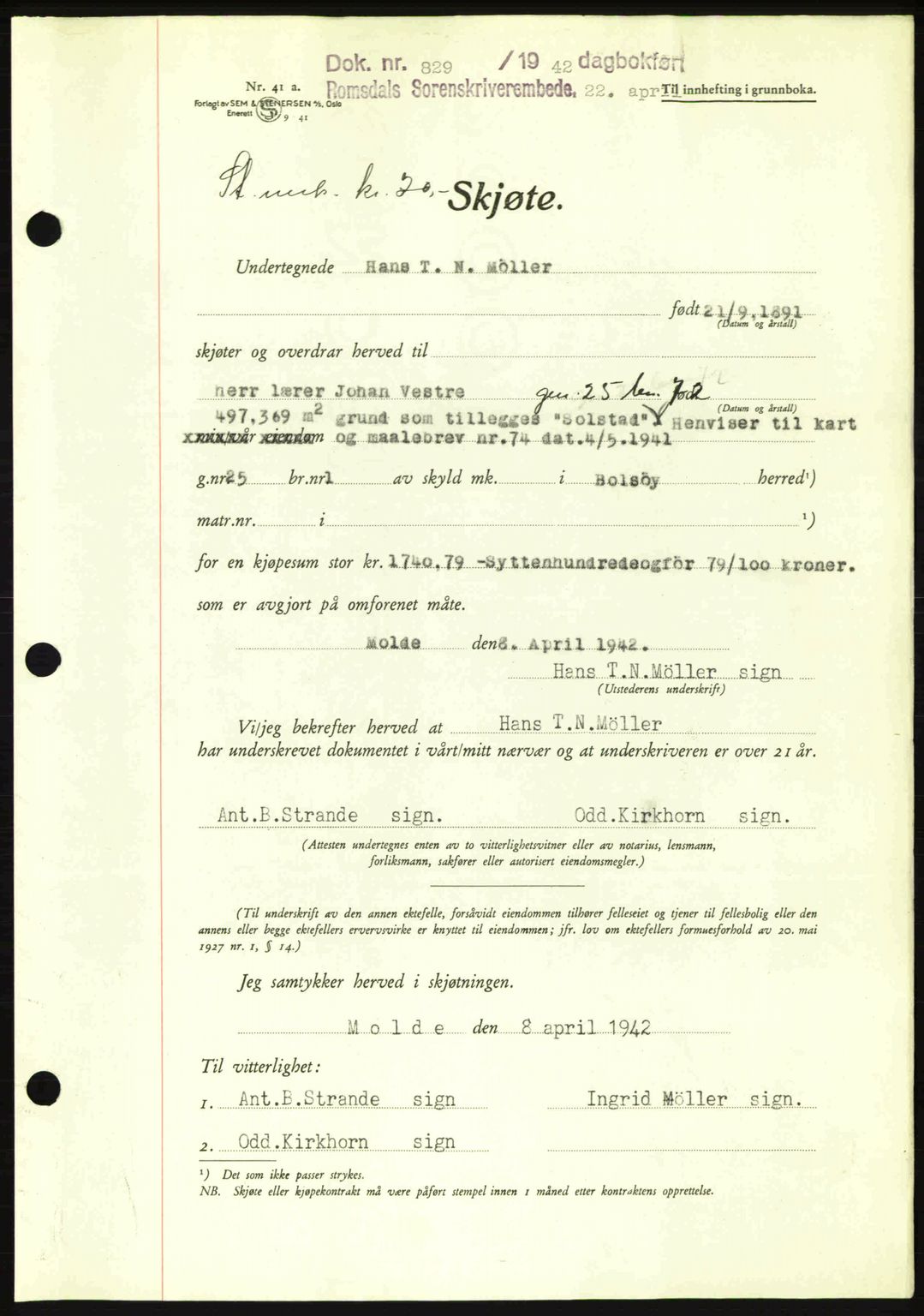 Romsdal sorenskriveri, AV/SAT-A-4149/1/2/2C: Pantebok nr. A12, 1942-1942, Dagboknr: 829/1942