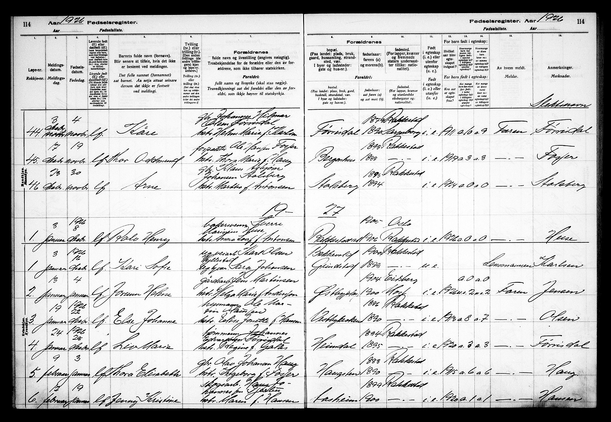 Rakkestad prestekontor Kirkebøker, AV/SAO-A-2008/J/Ja/L0001: Fødselsregister nr. I 1, 1916-1936, s. 114