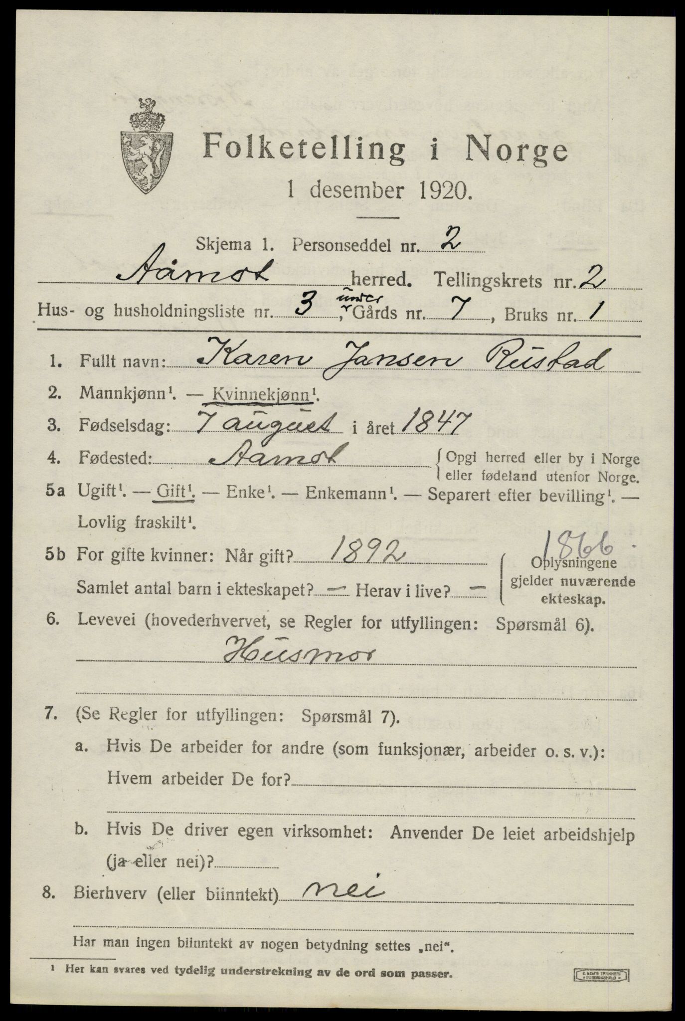 SAH, Folketelling 1920 for 0429 Åmot herred, 1920, s. 2085