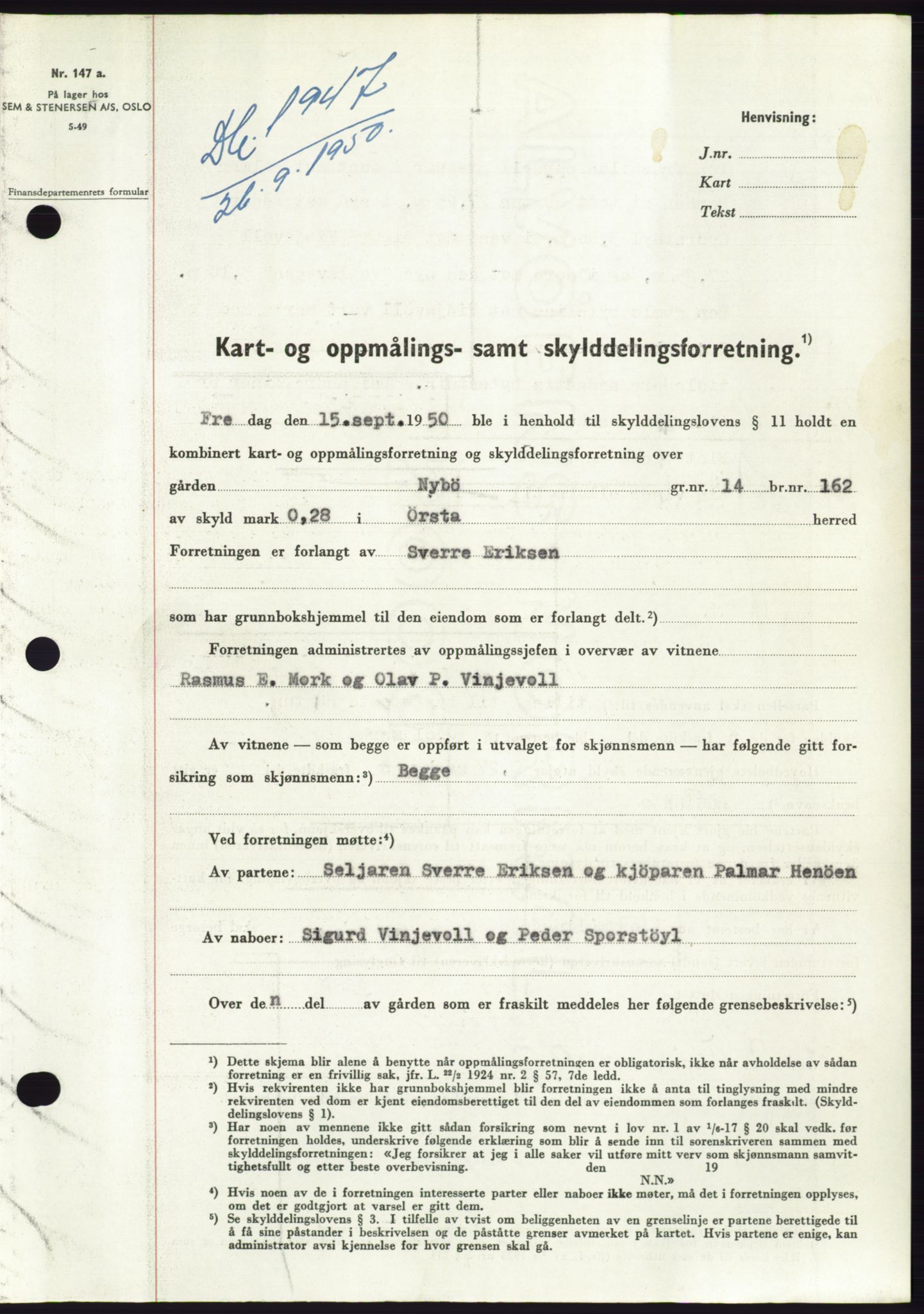 Søre Sunnmøre sorenskriveri, SAT/A-4122/1/2/2C/L0087: Pantebok nr. 13A, 1950-1950, Dagboknr: 1947/1950
