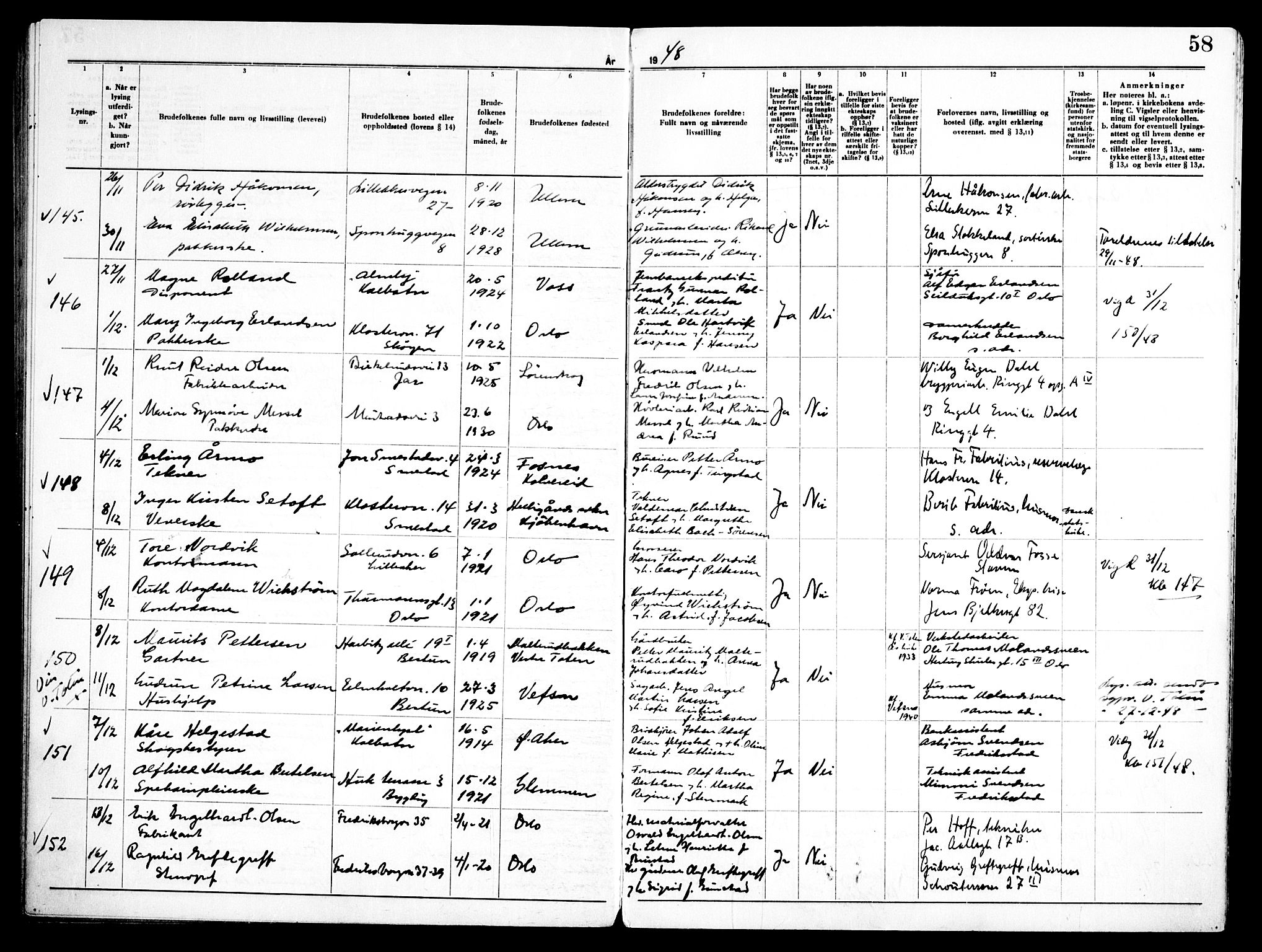 Ullern prestekontor Kirkebøker, AV/SAO-A-10740/H/L0005: Lysningsprotokoll nr. 5, 1946-1951, s. 58