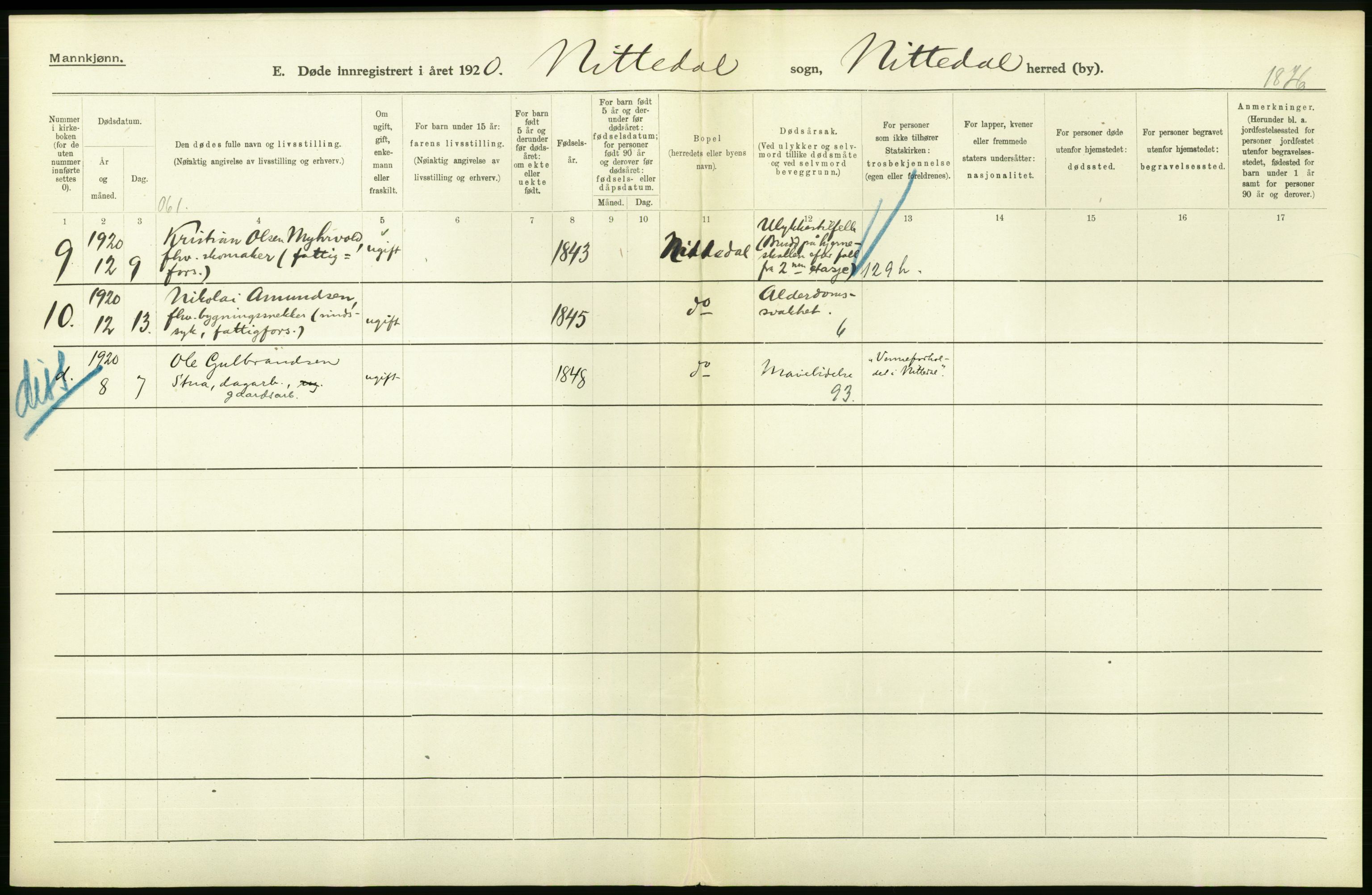 Statistisk sentralbyrå, Sosiodemografiske emner, Befolkning, AV/RA-S-2228/D/Df/Dfb/Dfbj/L0007: Akershus fylke: Døde. Bygder og byer., 1920, s. 186