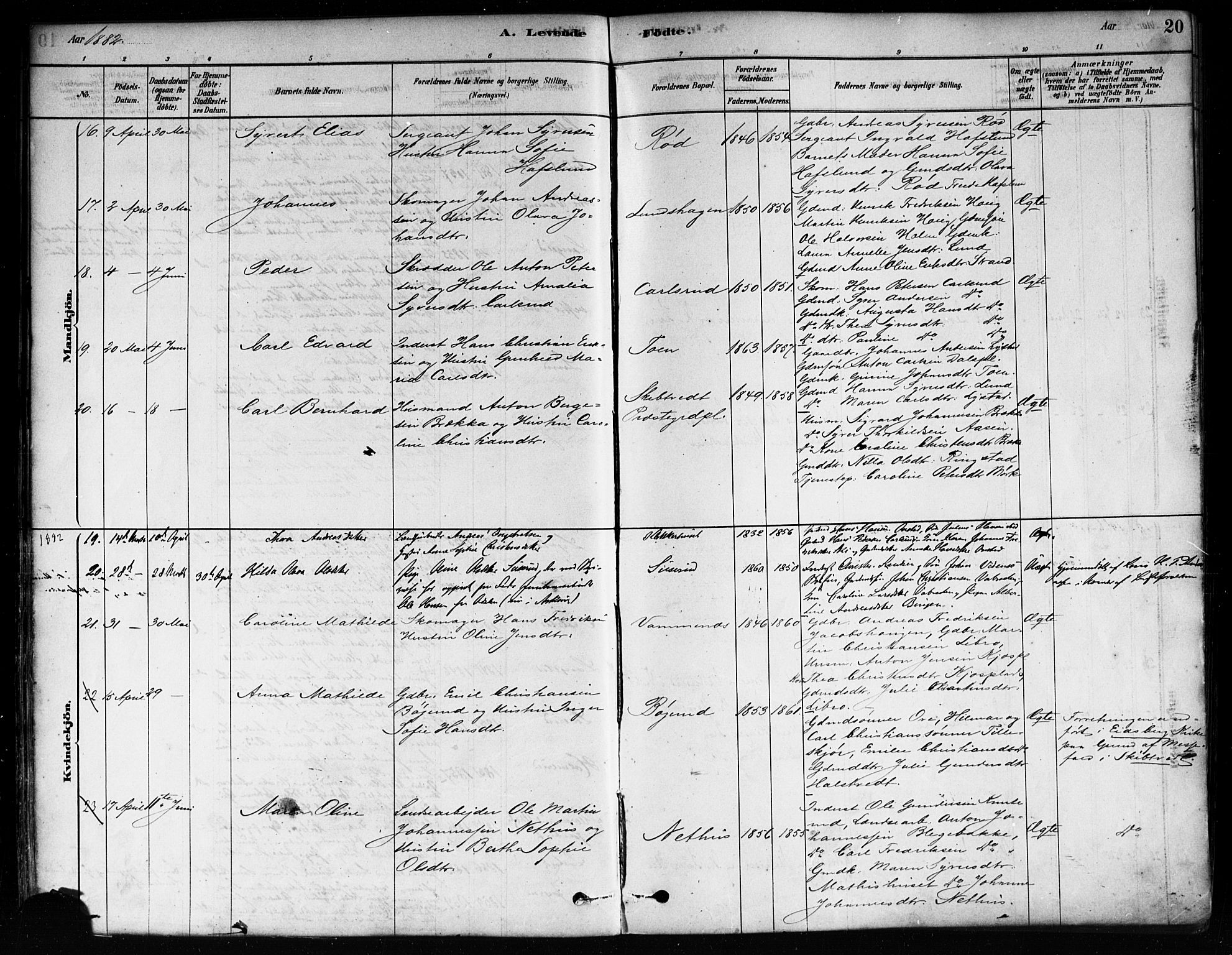 Skiptvet prestekontor Kirkebøker, AV/SAO-A-20009/F/Fa/L0009: Ministerialbok nr. 9, 1878-1900, s. 20