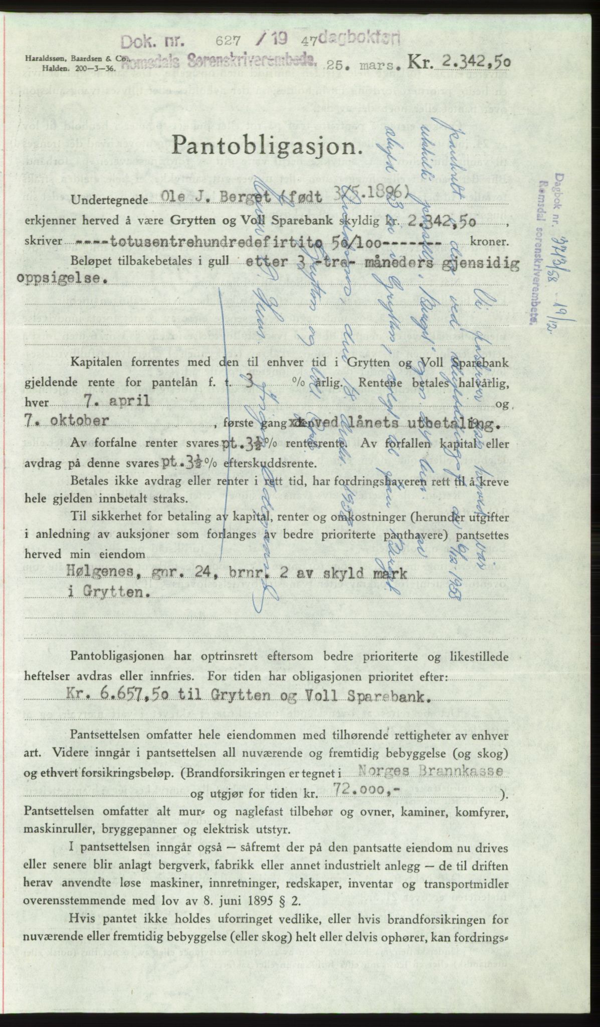 Romsdal sorenskriveri, SAT/A-4149/1/2/2C: Pantebok nr. B3, 1946-1948, Dagboknr: 627/1947