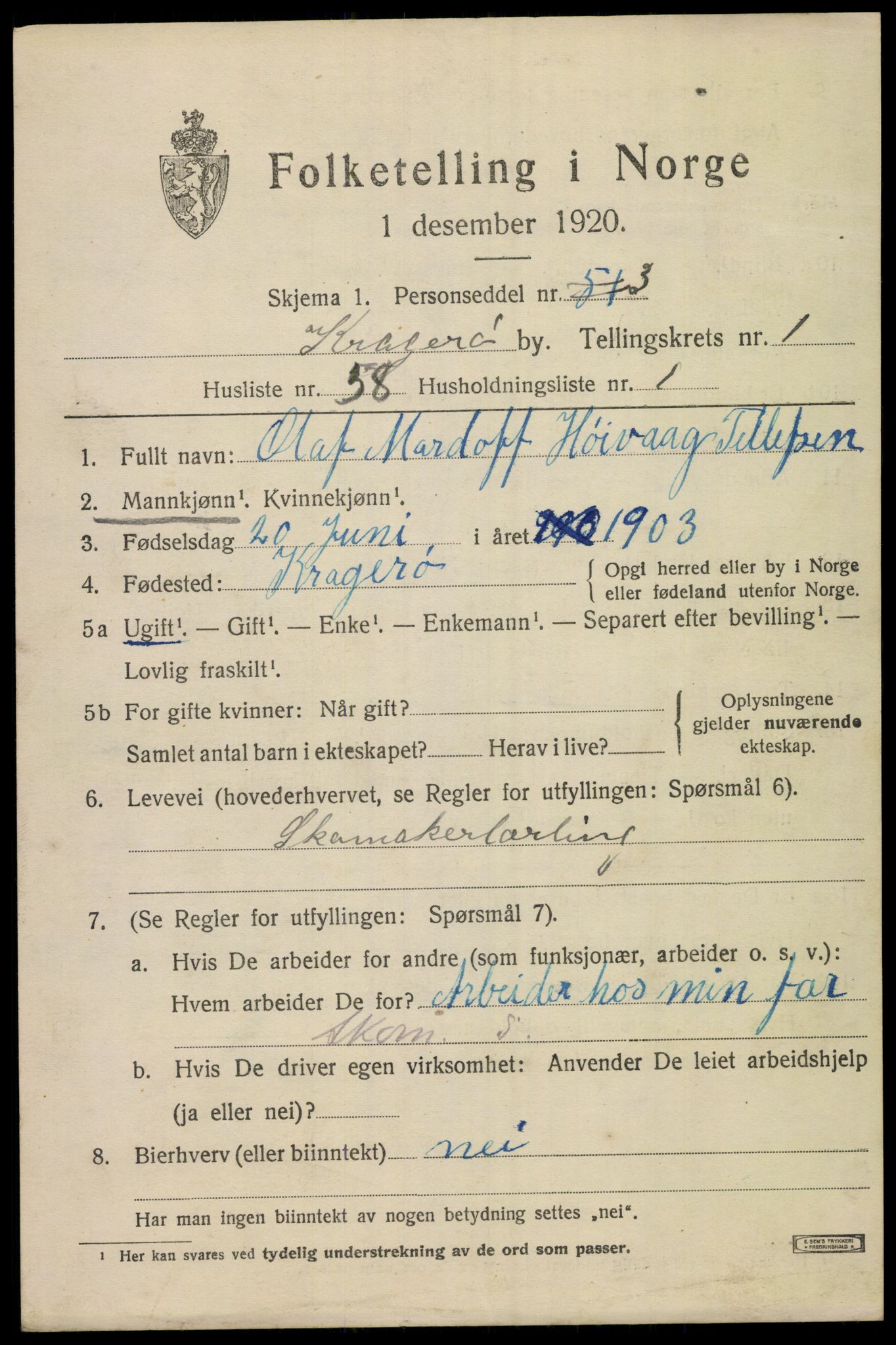 SAKO, Folketelling 1920 for 0801 Kragerø kjøpstad, 1920, s. 4909