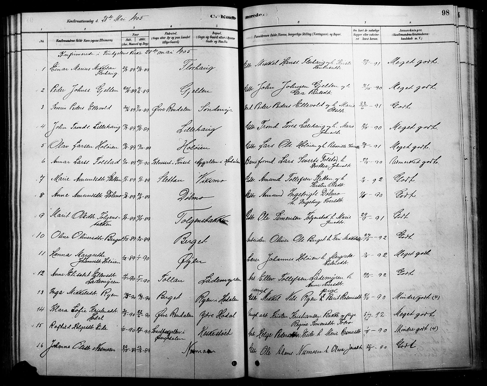 Tolga prestekontor, AV/SAH-PREST-062/L/L0007: Klokkerbok nr. 7, 1878-1919, s. 98