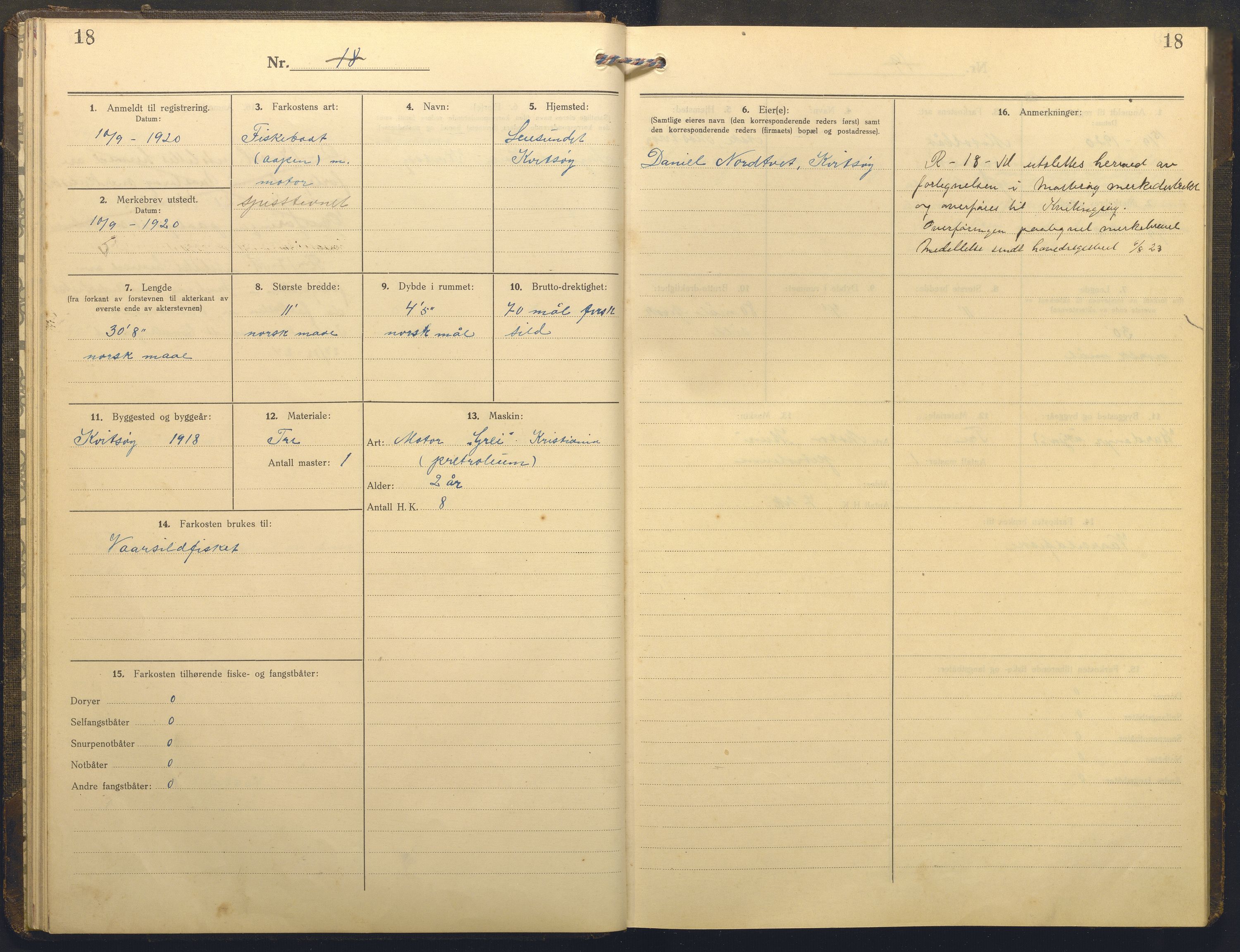 Fiskeridirektoratet - 1 Adm. ledelse - 13 Båtkontoret, AV/SAB-A-2003/I/Ia/Iai/L0069: 135.0925/1 Merkeprotokoll - Mosterøy, 1920-1955