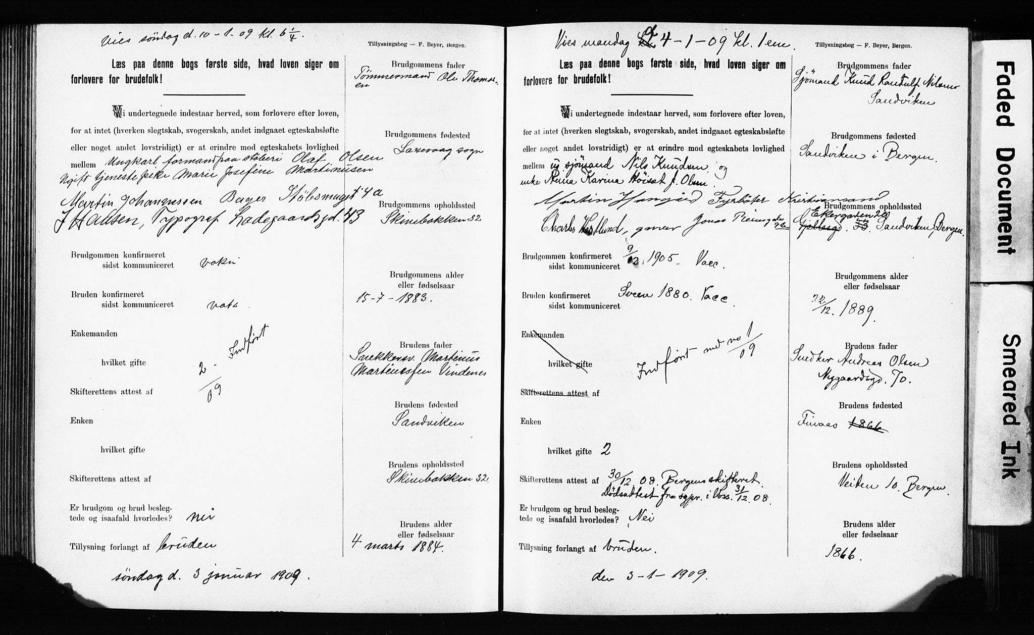 Domkirken sokneprestembete, SAB/A-74801: Forlovererklæringer nr. II.5.11, 1899-1910, s. 308