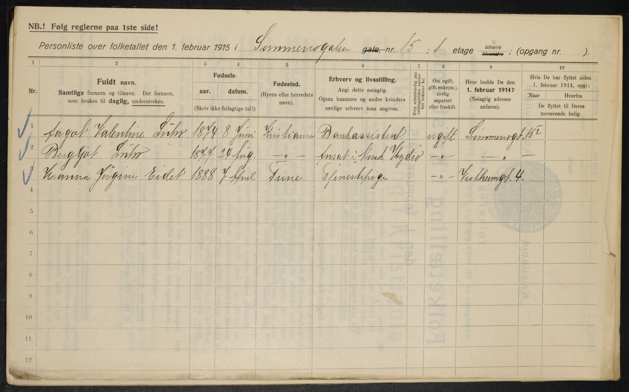 OBA, Kommunal folketelling 1.2.1915 for Kristiania, 1915, s. 99587