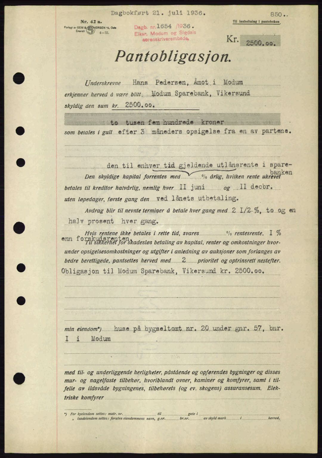Eiker, Modum og Sigdal sorenskriveri, SAKO/A-123/G/Ga/Gab/L0032: Pantebok nr. A2, 1936-1936, Dagboknr: 1654/1936